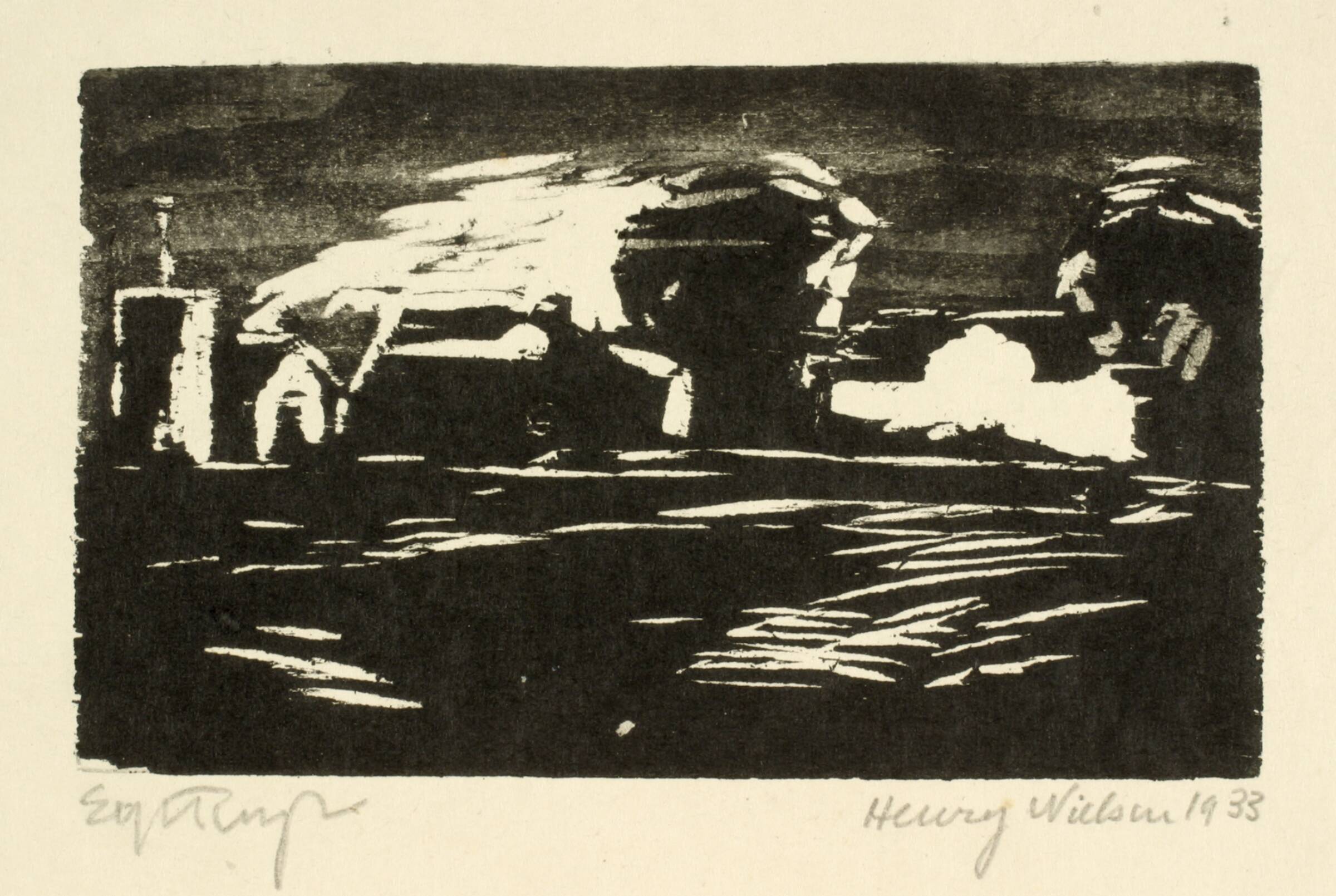 Mørkt landskab med træer og huse, Henry Nielsen, 1933