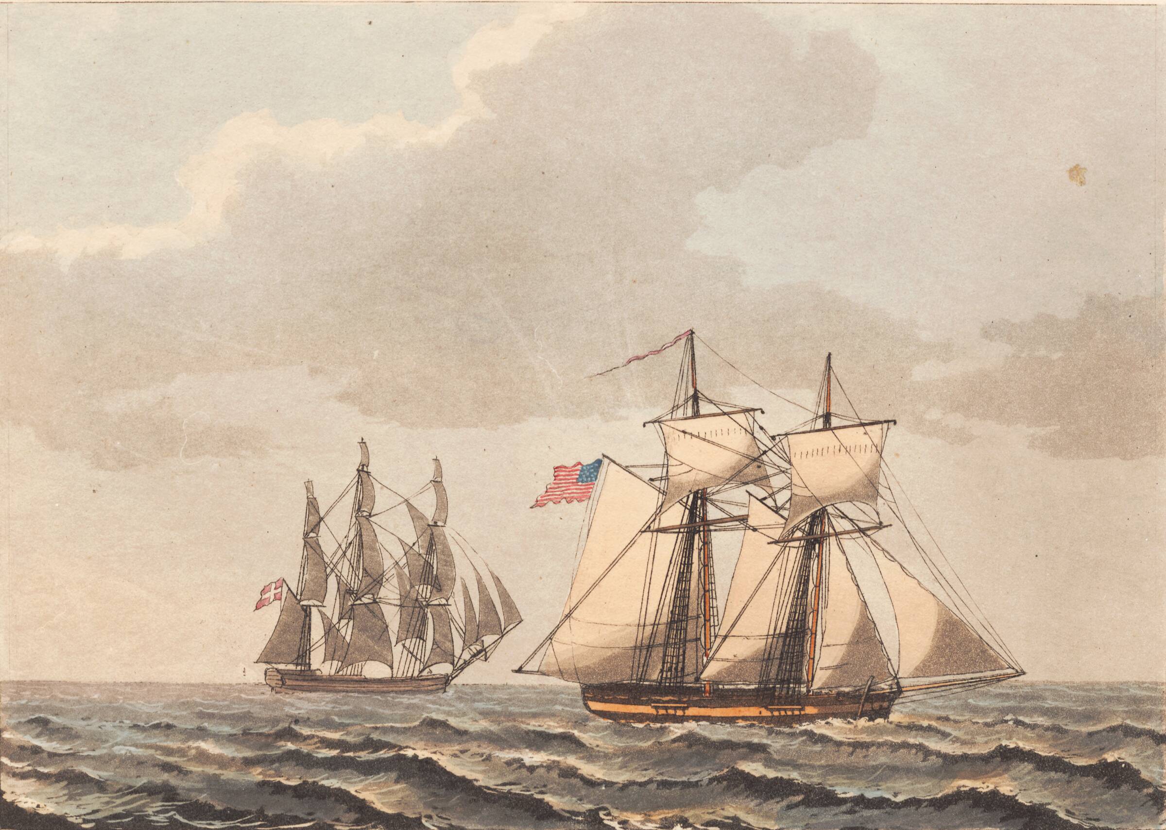 Et dansk skib og en amerikansk skonert for side vind, Niels Truslew, 1805