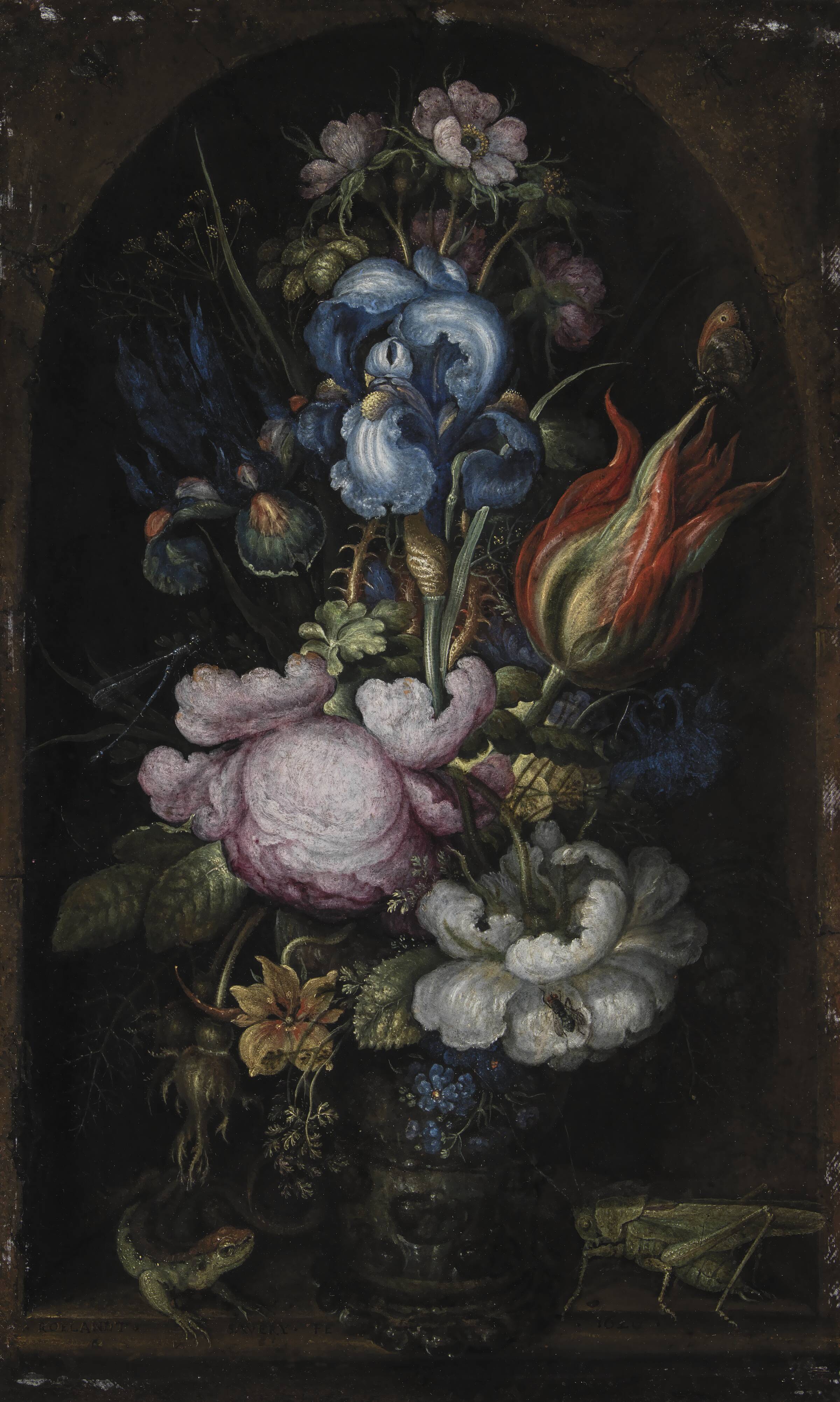 Blomsterbuket i en stenniche, Roelant Savery, 1620
