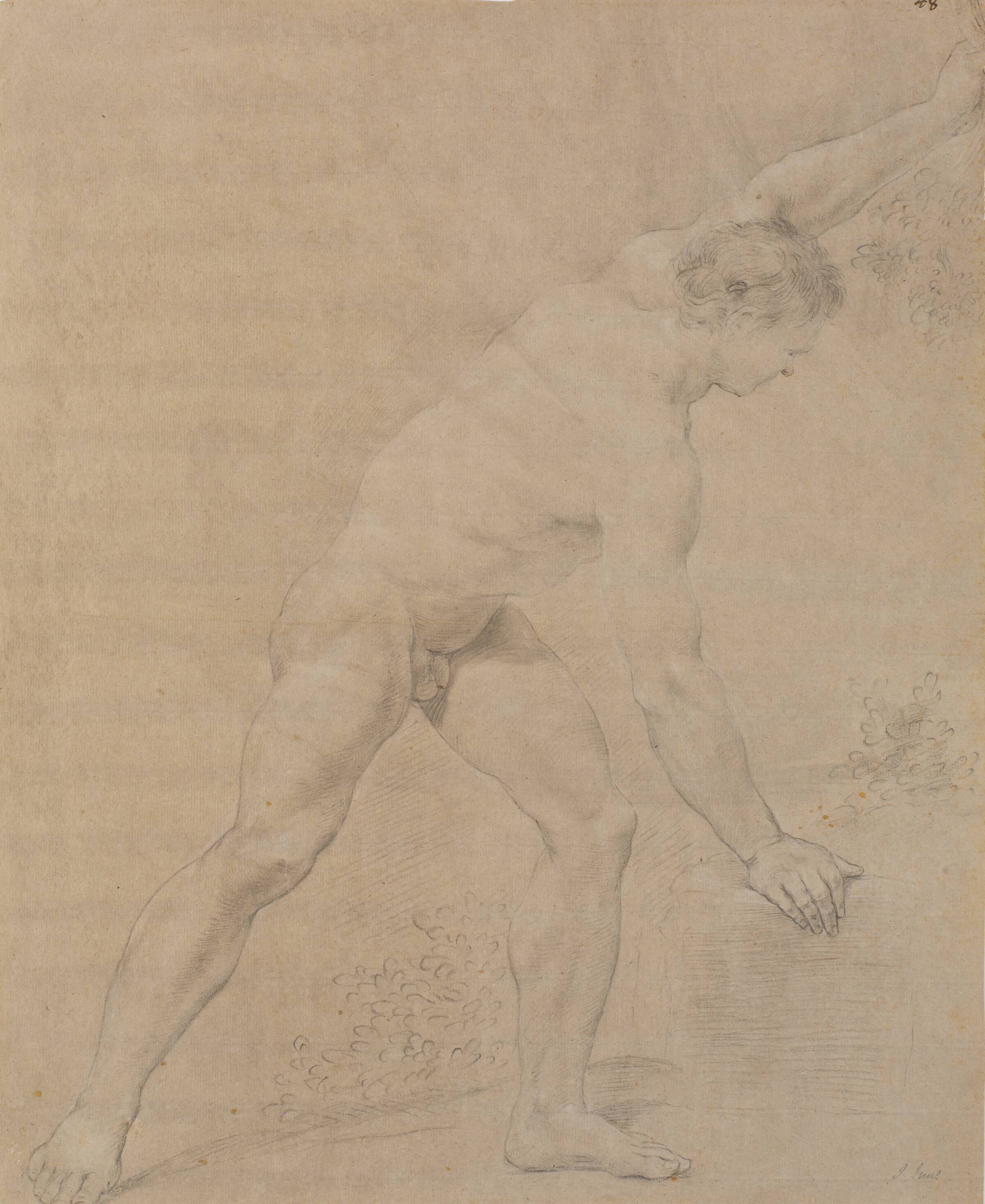 Model stående, vendt mod højre, venstre arm løftet, højre sænket og støttet mod en klippe., Jens Juel, 1745-1802