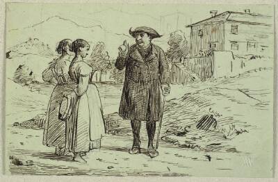 Italiensk scene med to kvinder og en pater