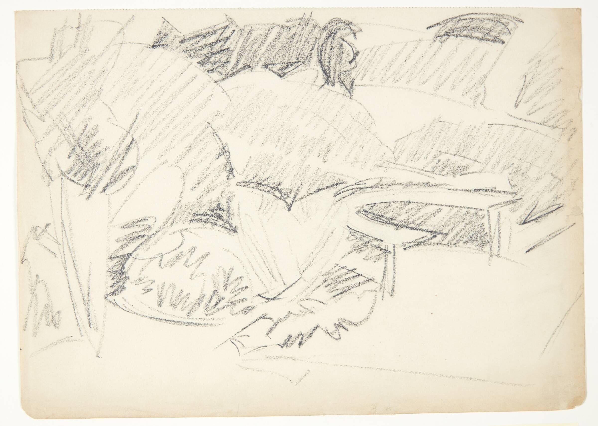 Landskab fra en have med en halvrund havebænk, Edvard Weie, 1920-1925