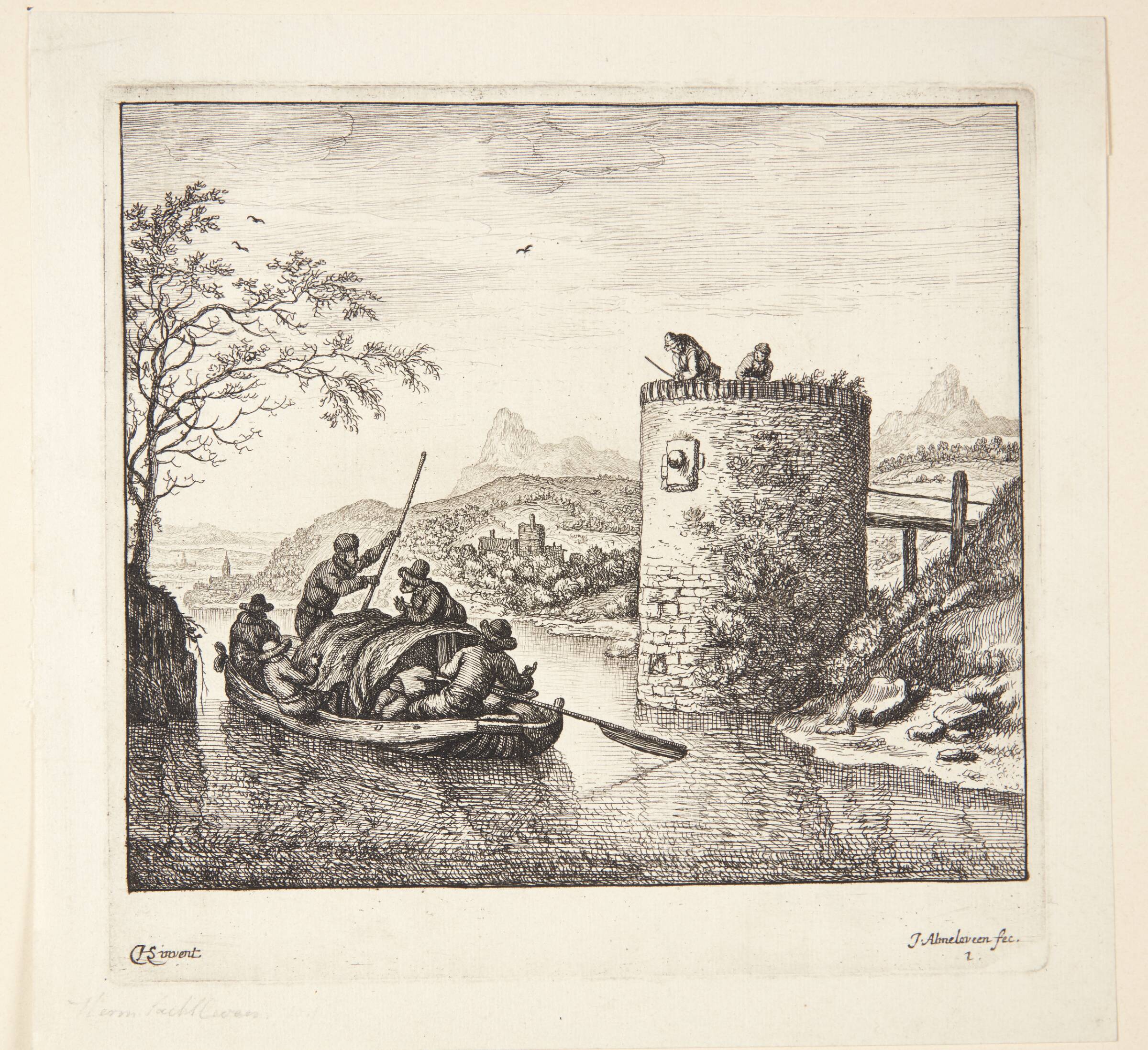 Prospekt af Rhinen, en lastet båd passerer et tårn, Jan van Almeloveen, 1652-1683
