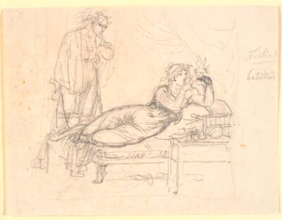 Lesbia og Catullus. Lesbia ligger, holdende en fugl på venstre hånd. Catullus står bagved