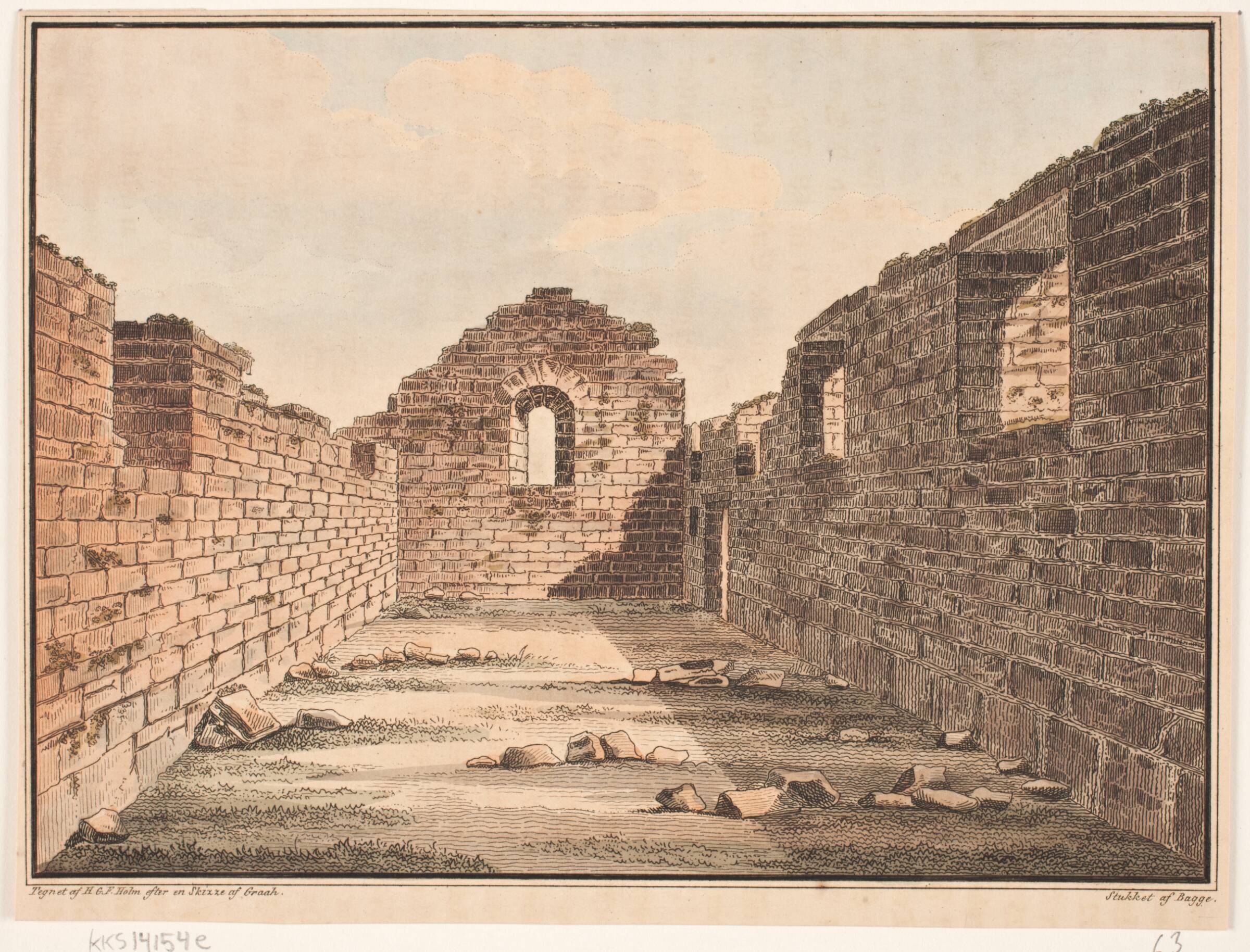 Kirkeruin på Grønland. Illustration til W.A. Graah. Undersøgelsesrejse til østkysten af Grønland, Oluf Olufsen Bagge, 1832