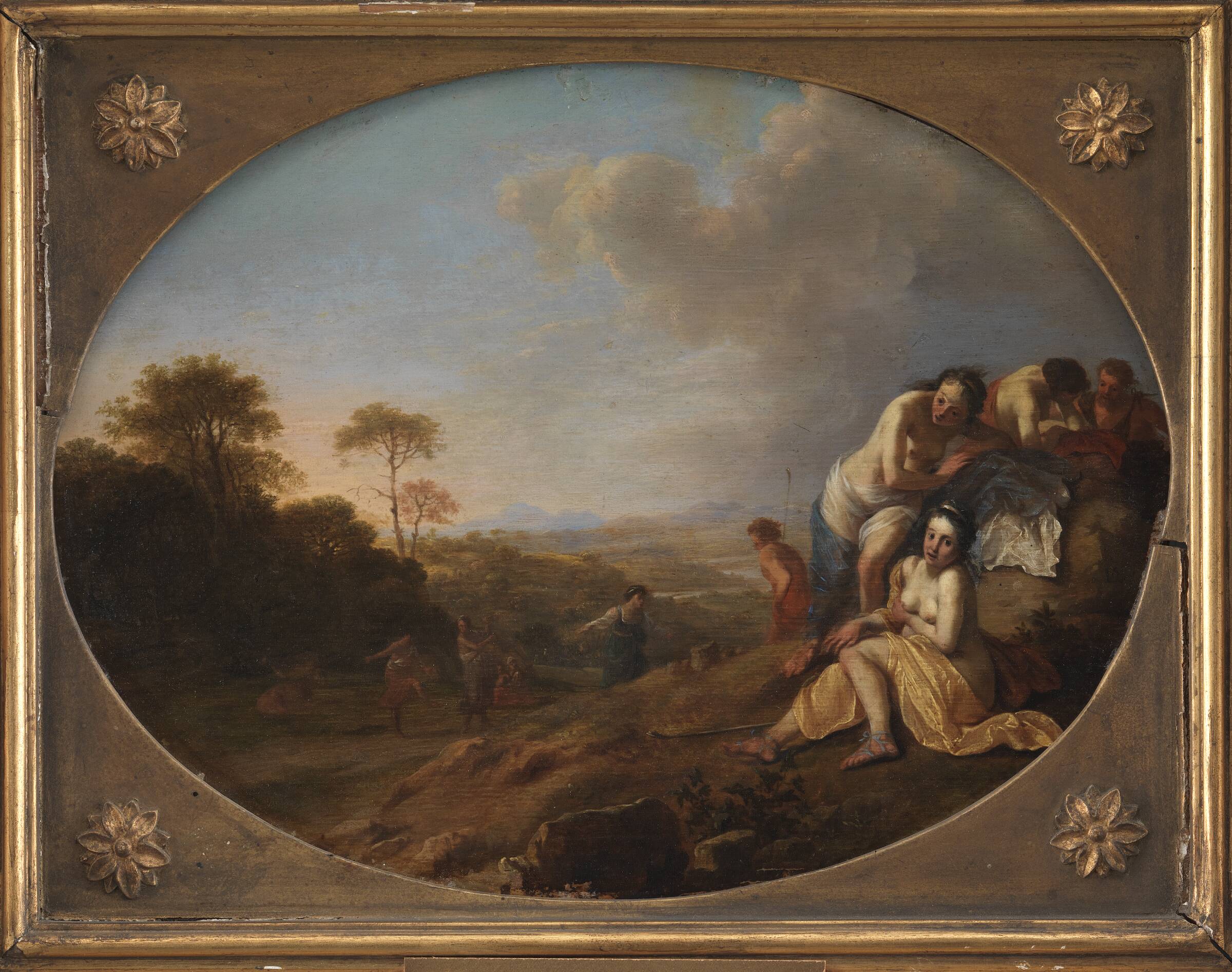 Nymfer i et landskab, Dirck van der Lisse, 1615-1669