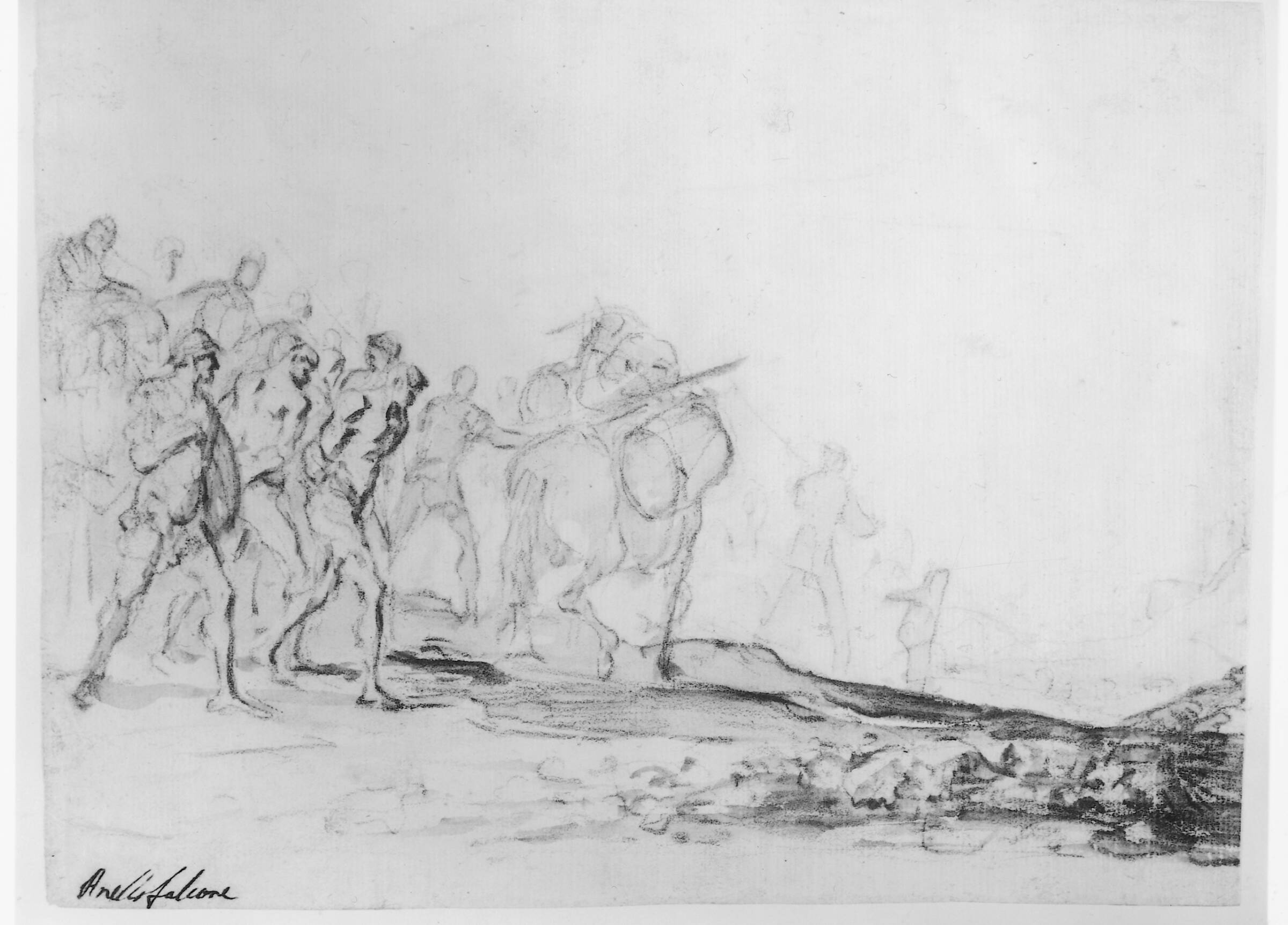 Marcherende soldater med fanger i et landskab, Aniello Falcone, 1625-1649