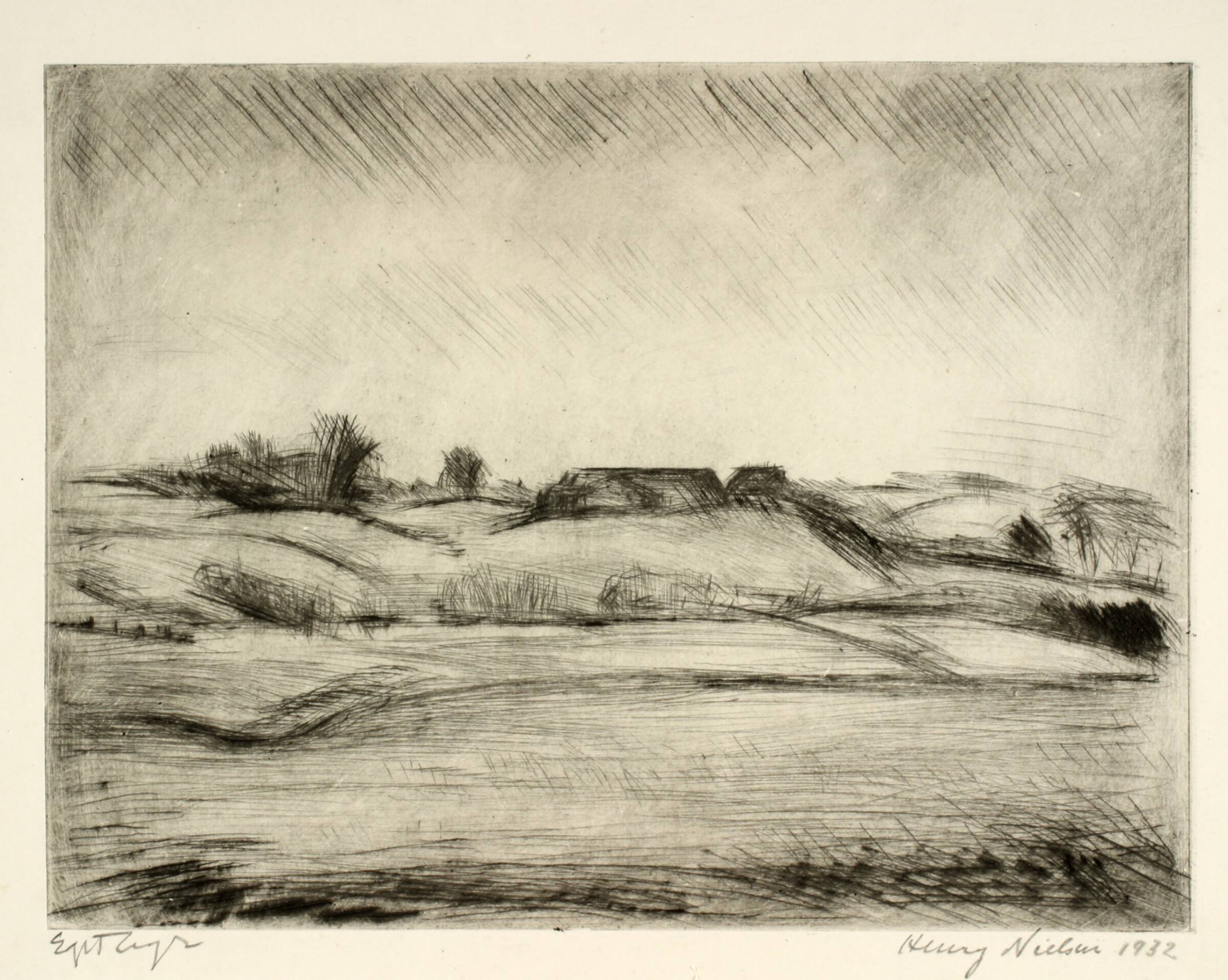 Åbent landskab med gård, Henry Nielsen, 1932