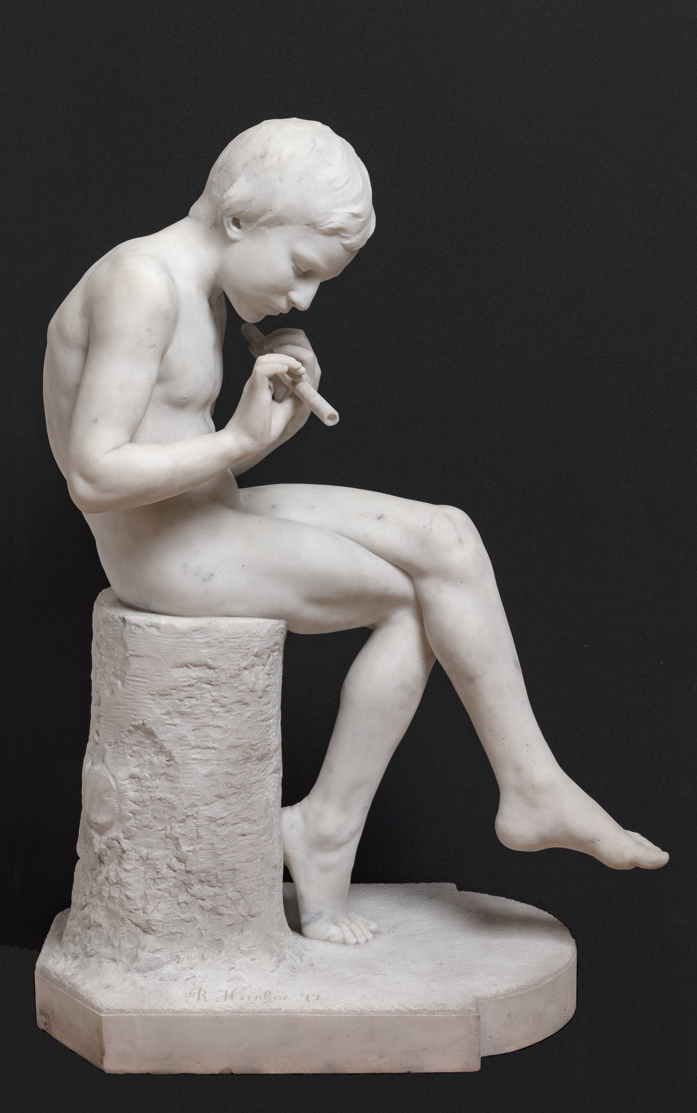 Siddende nøgen dreng, der spiller på fløjte, Rasmus Harboe, 1892