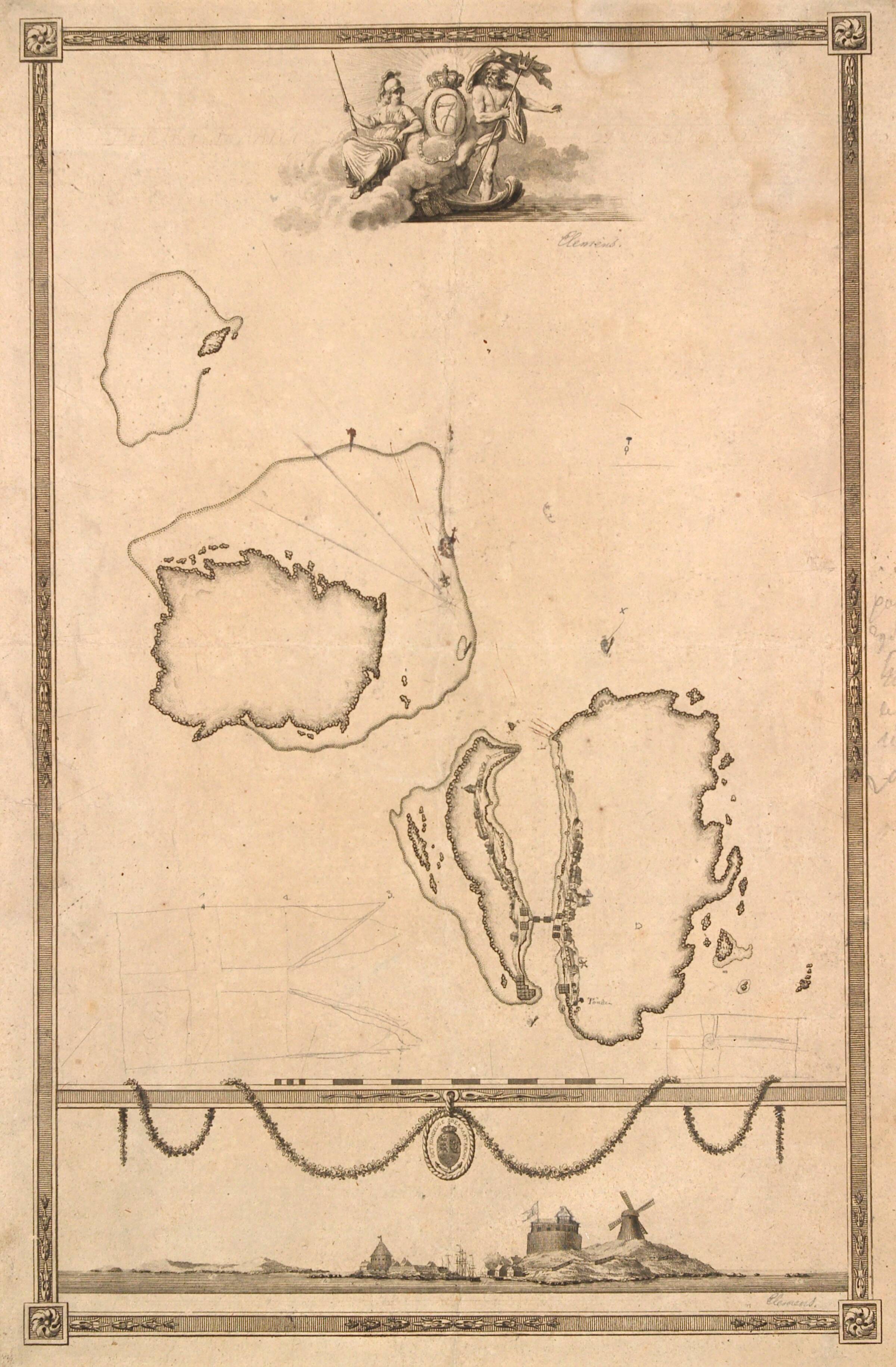 Titelvignet og prospekt til kort over Christiansø, J.F. Clemens, 1748-1831