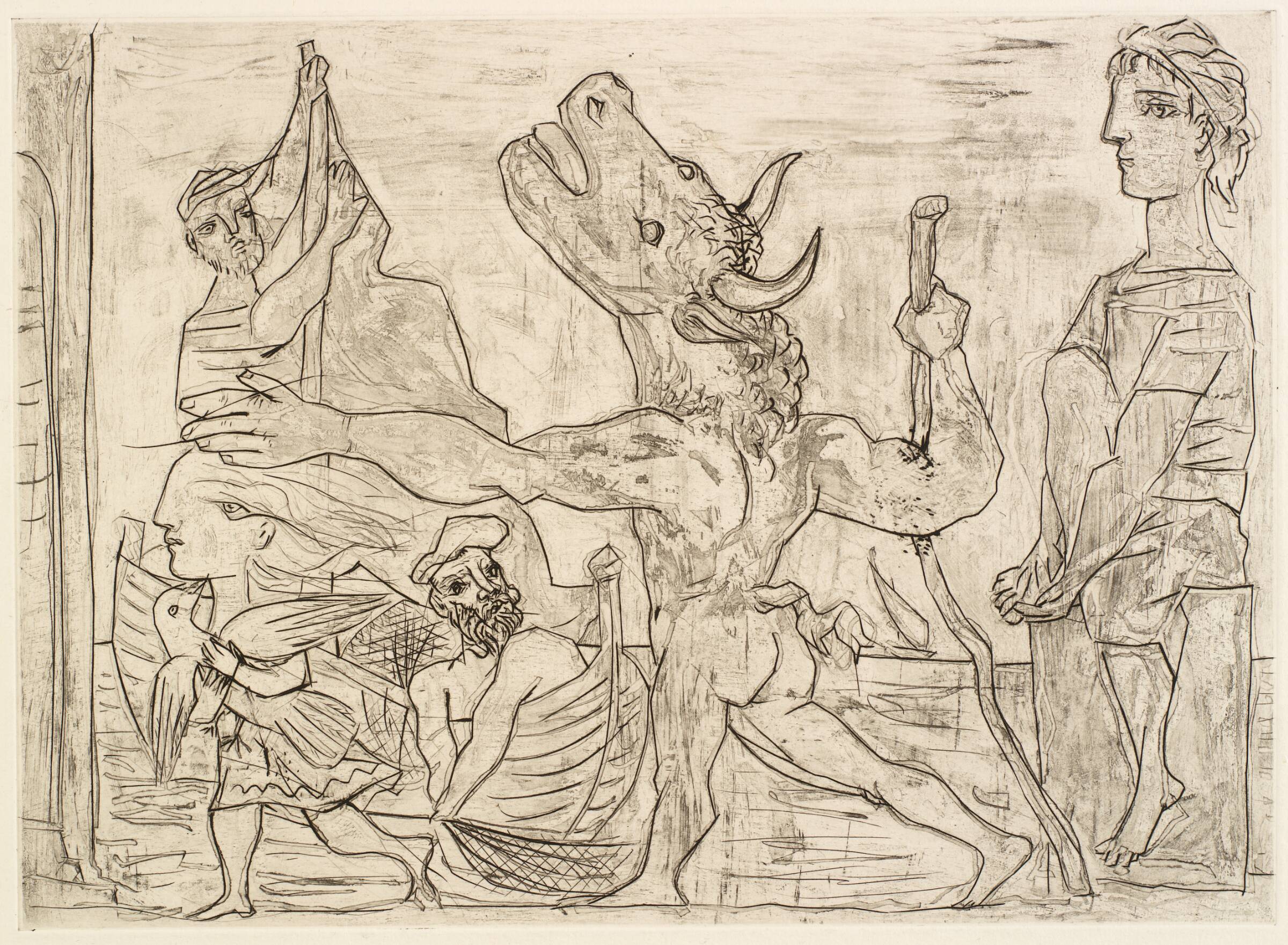 Minotaure aveugle guidé par une petite fille au pigeon, Pablo Picasso, 1932-1935