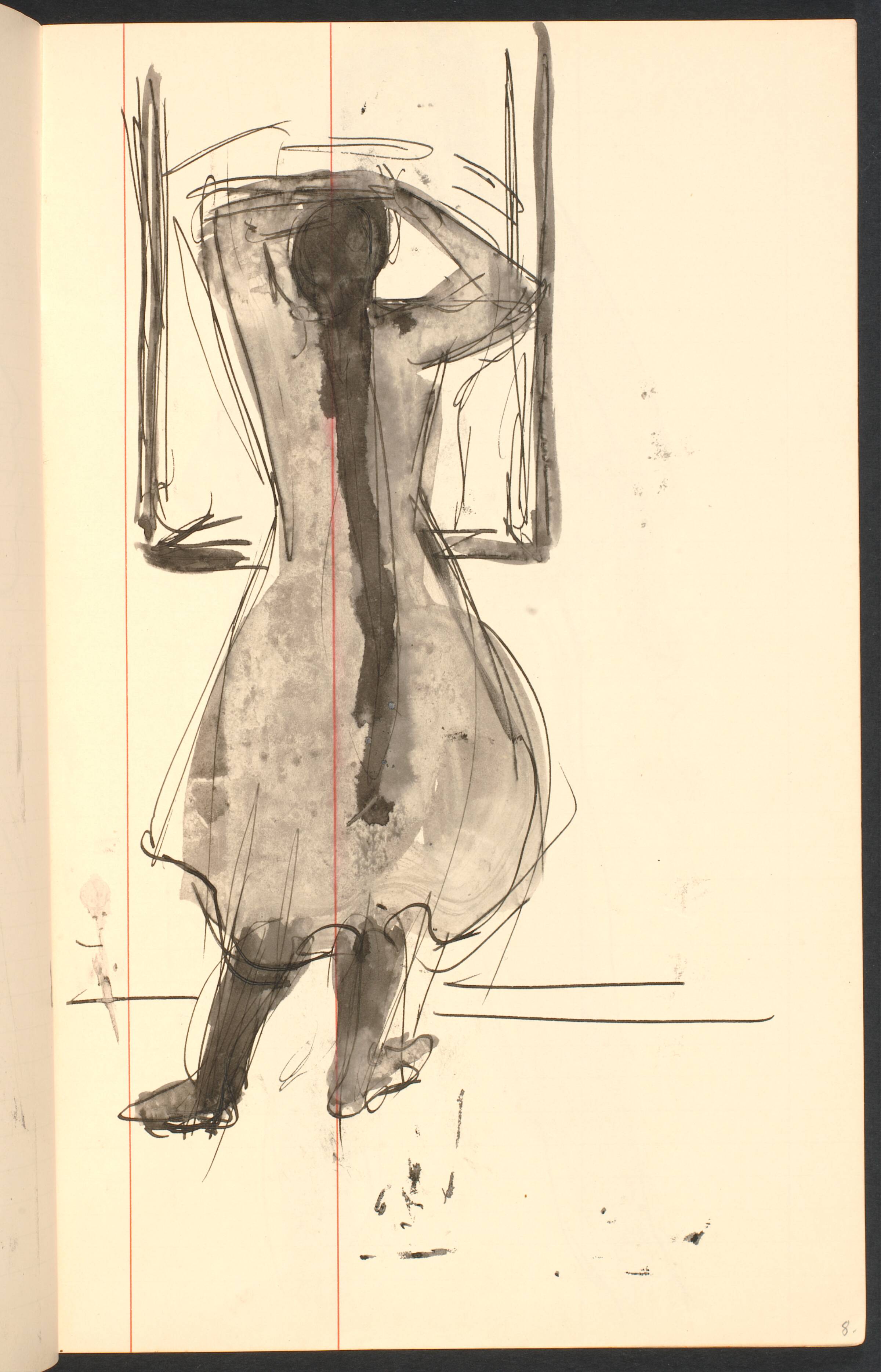 Påklædt model der ordner sit hår foran spejlet, Gottfred Eickhoff, 1955