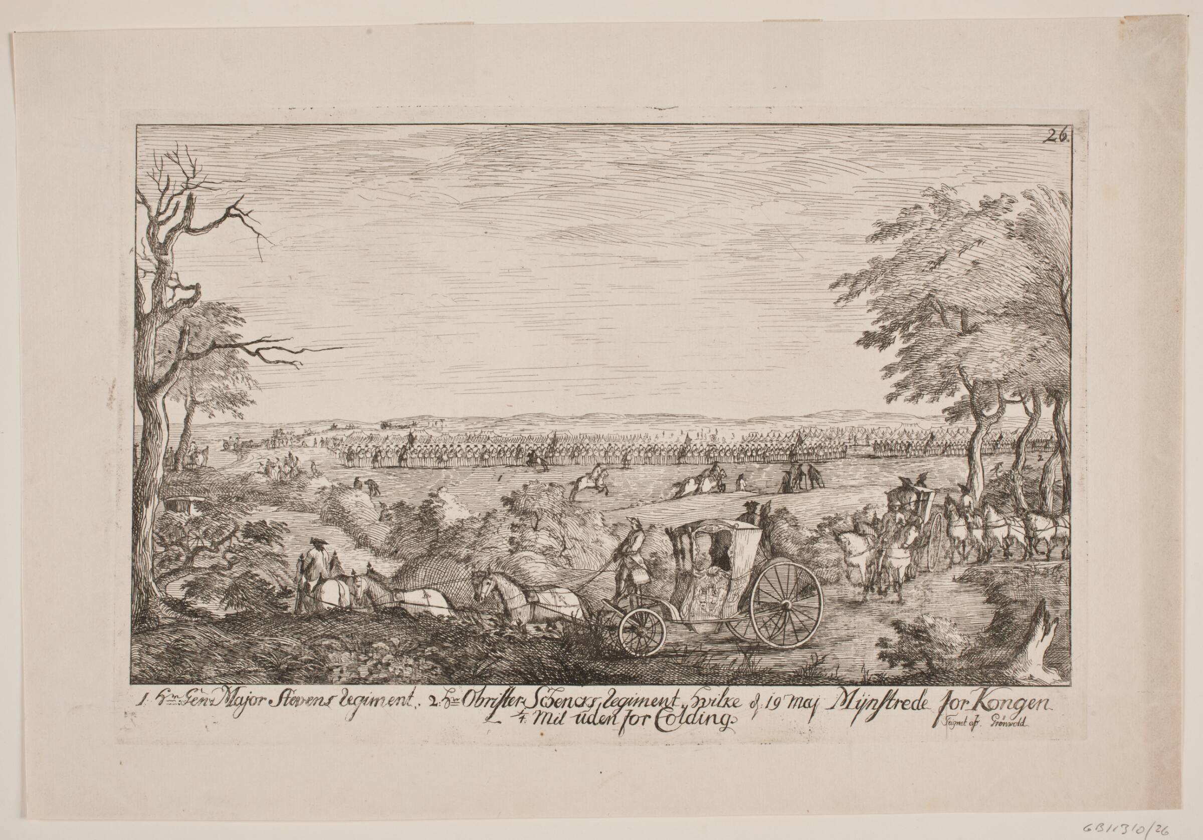 Frederik V mønstrer regimenterne uden for Kolding, Poul Isac Grønvold, 1749