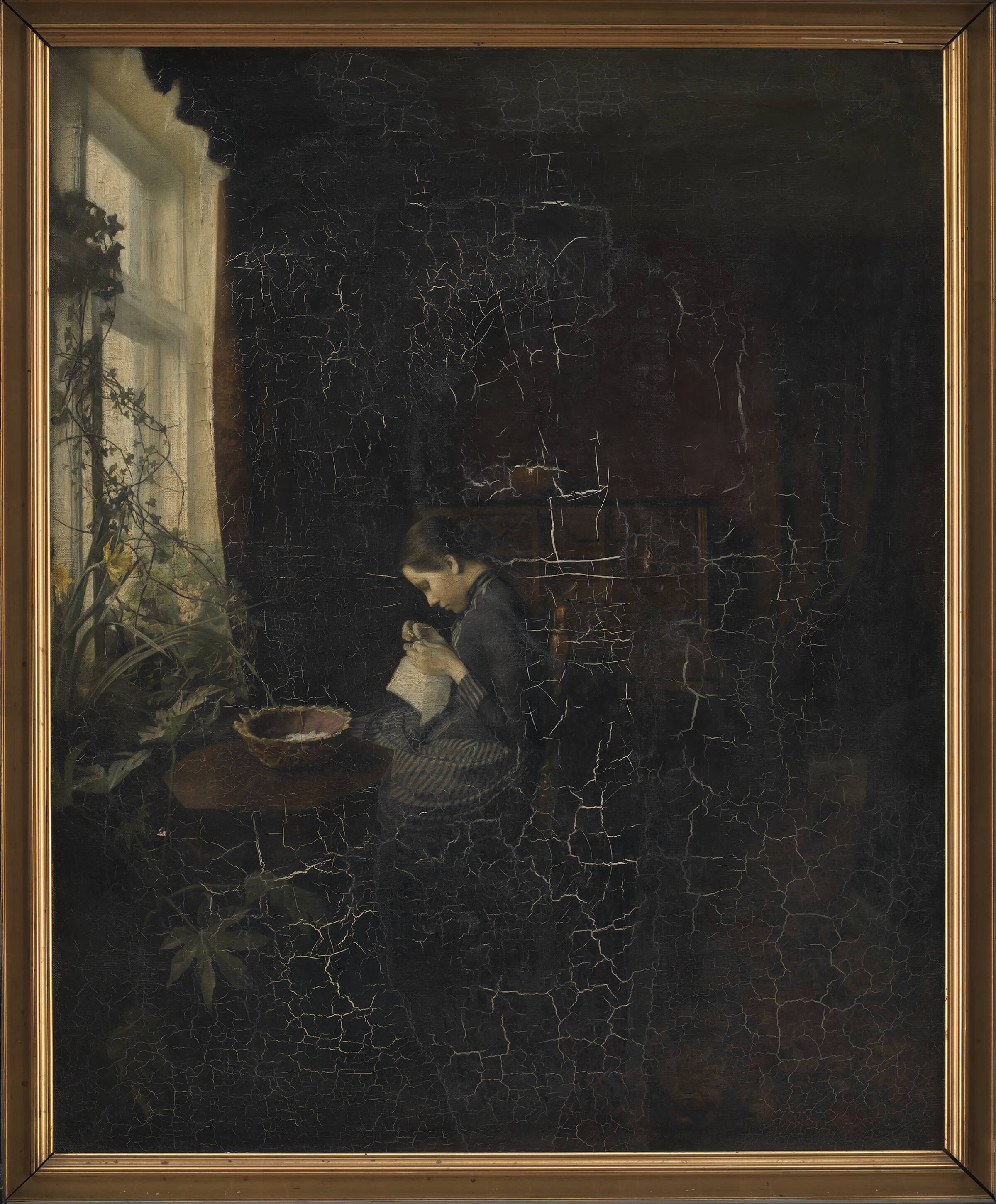 Interiør med en syende pige, Carl Holsøe, 1888