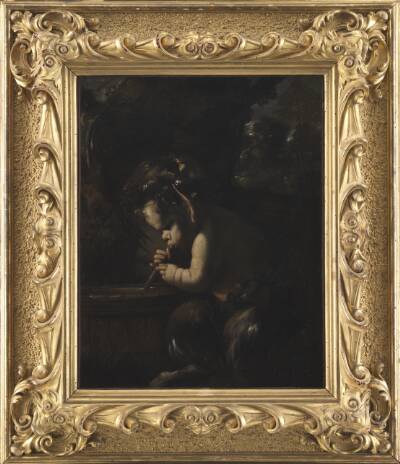 Lille satyr der drikker fra en tønde