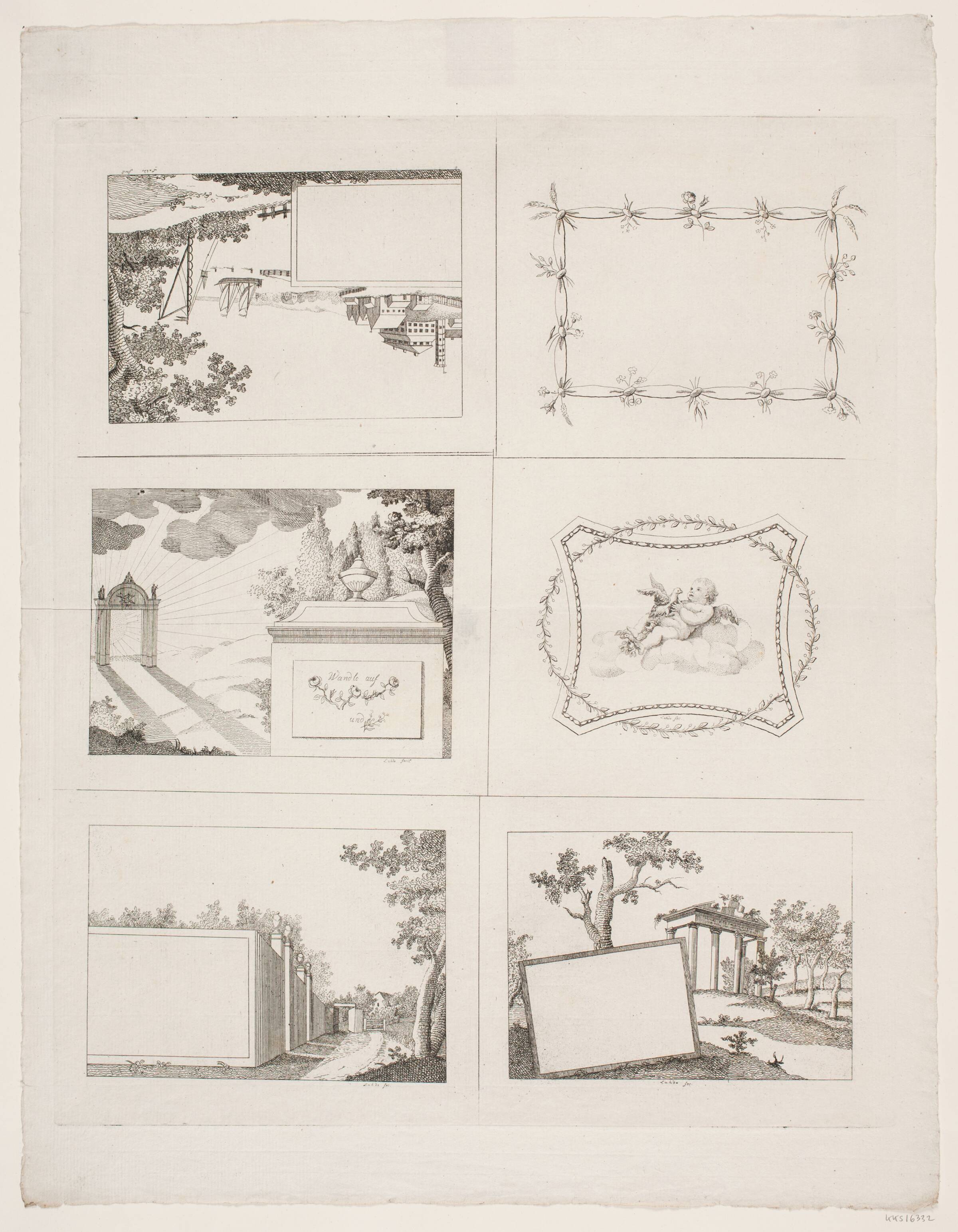 Blad med seks fremstillinger; fire landskaber og to dekorationer. Broderimønstre?, Gerhard Ludvig Lahde, 1765-1833