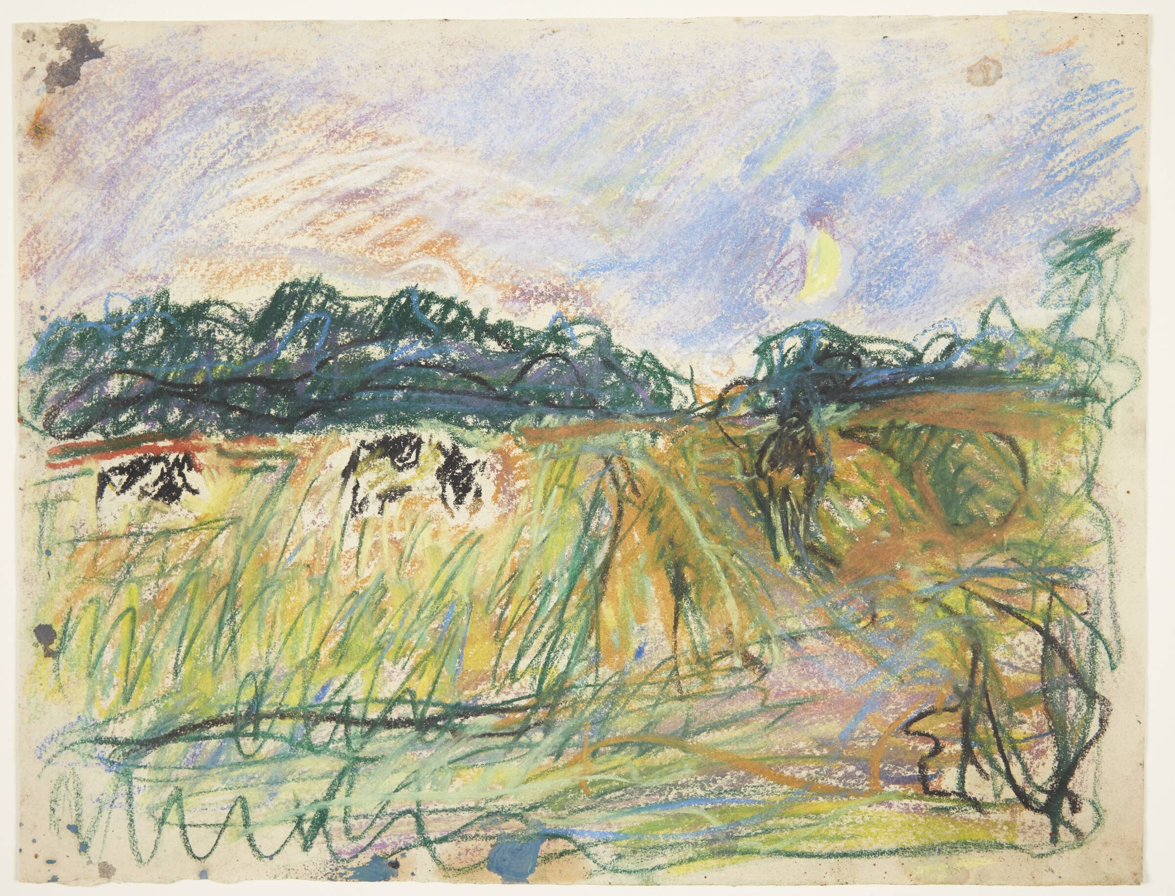 Sommeraftenlandskab med måne og køer. Nabbasletten, Arild, Kullen, Else Vogel-Jørgensen, 1955