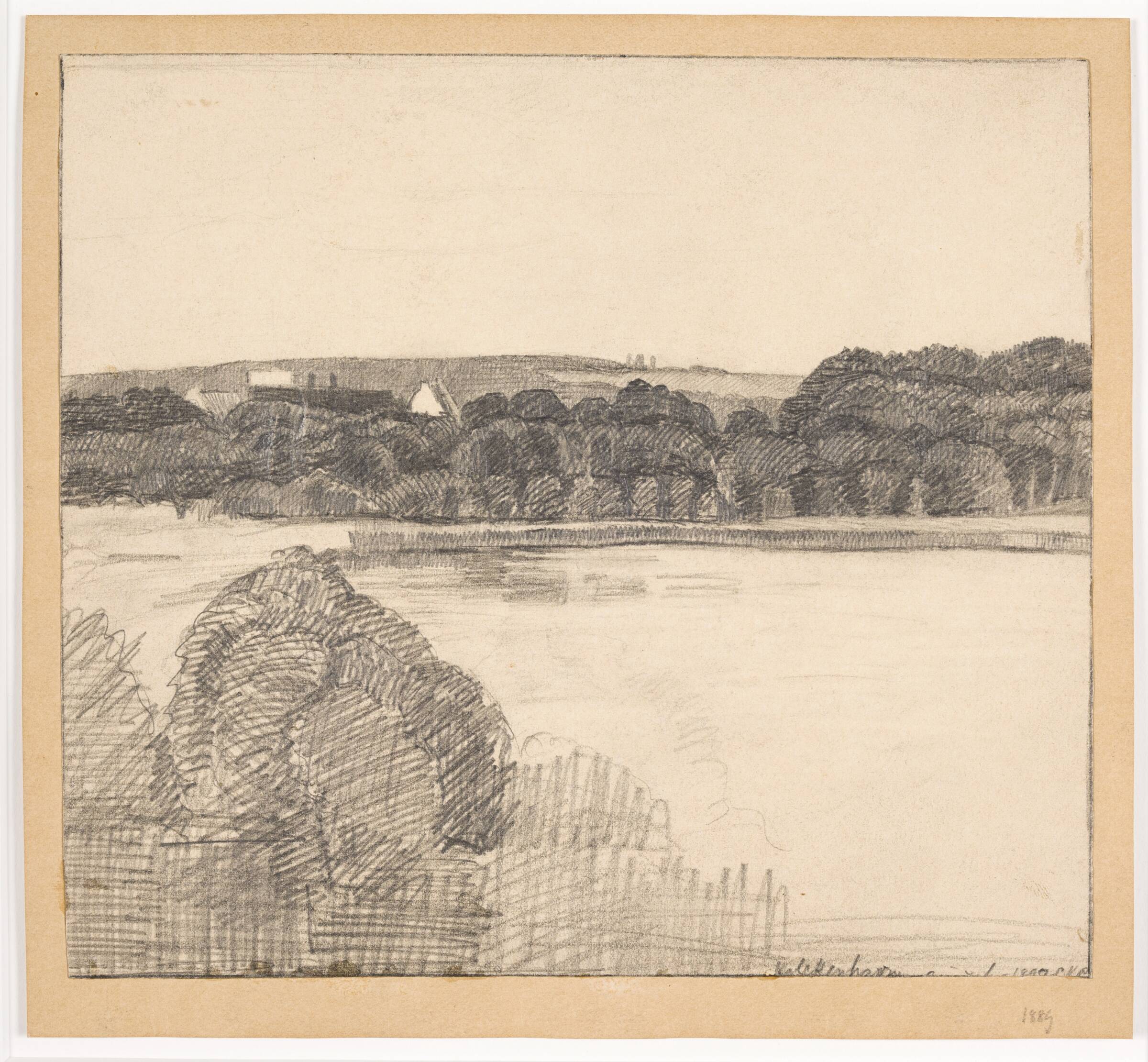 Udsigt over sø mod herregård, Christian Kongstad Petersen, 1890