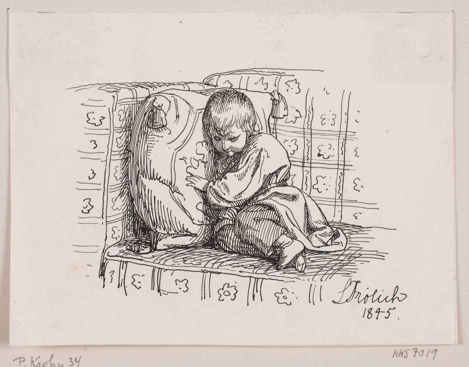 En lille dreng i et sofahjørne, Ubekendt, 1845