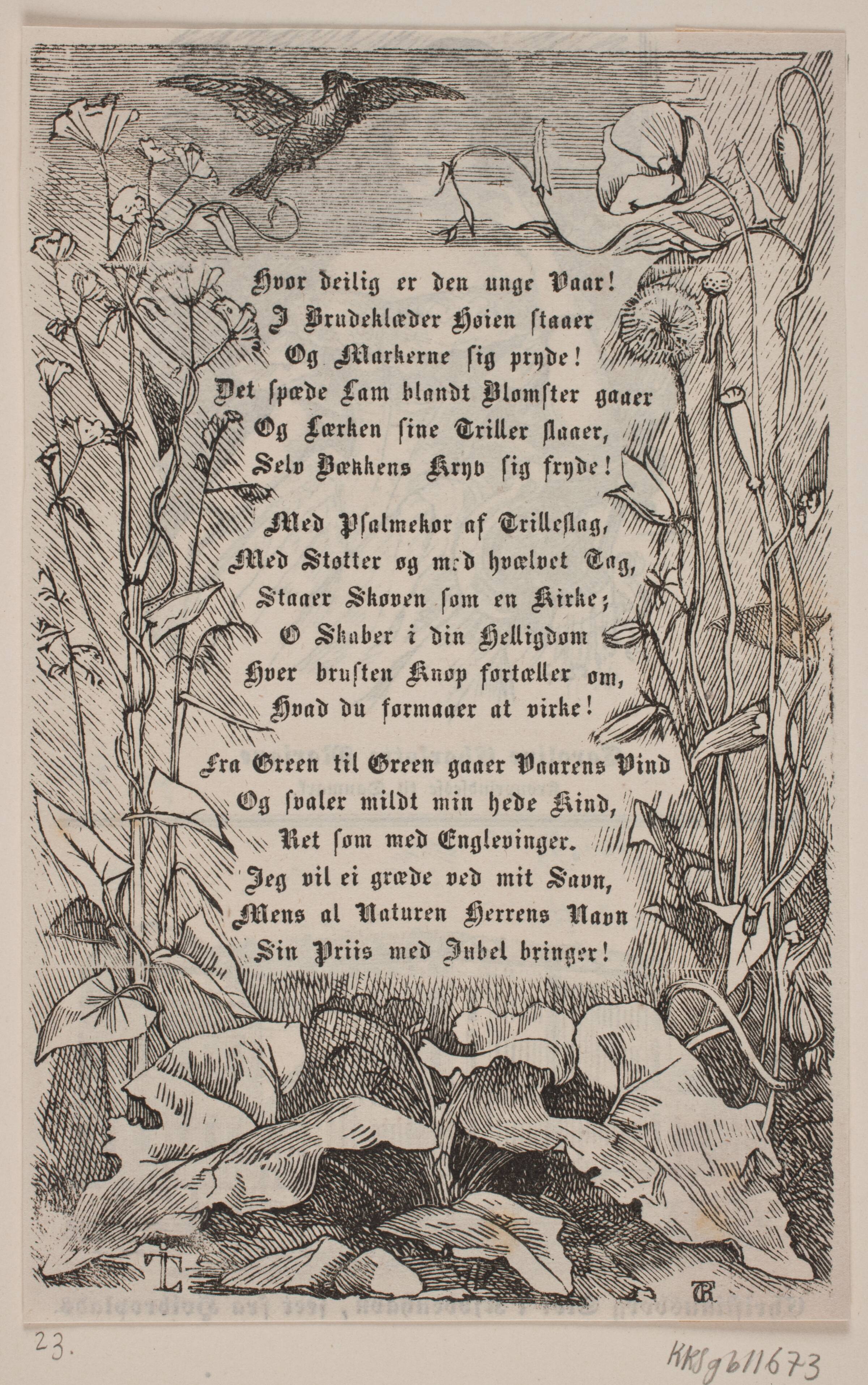 Indramning med en lærke og blomster, Carl Peter Theodor Rothweiler, 1842