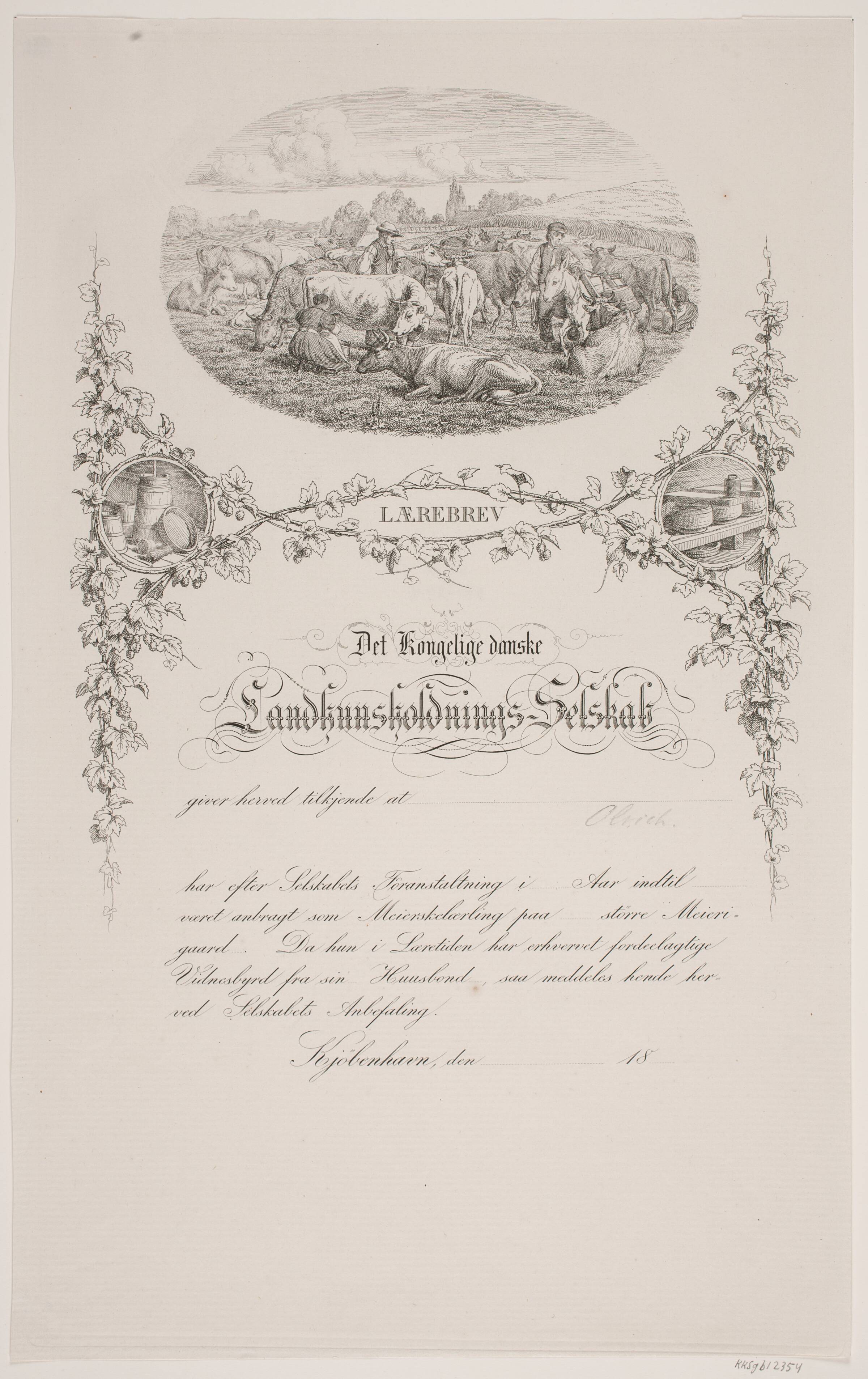 Lærebrev for det Kgl. Landhusholdningsselskab, Henrik Olrik, 1857