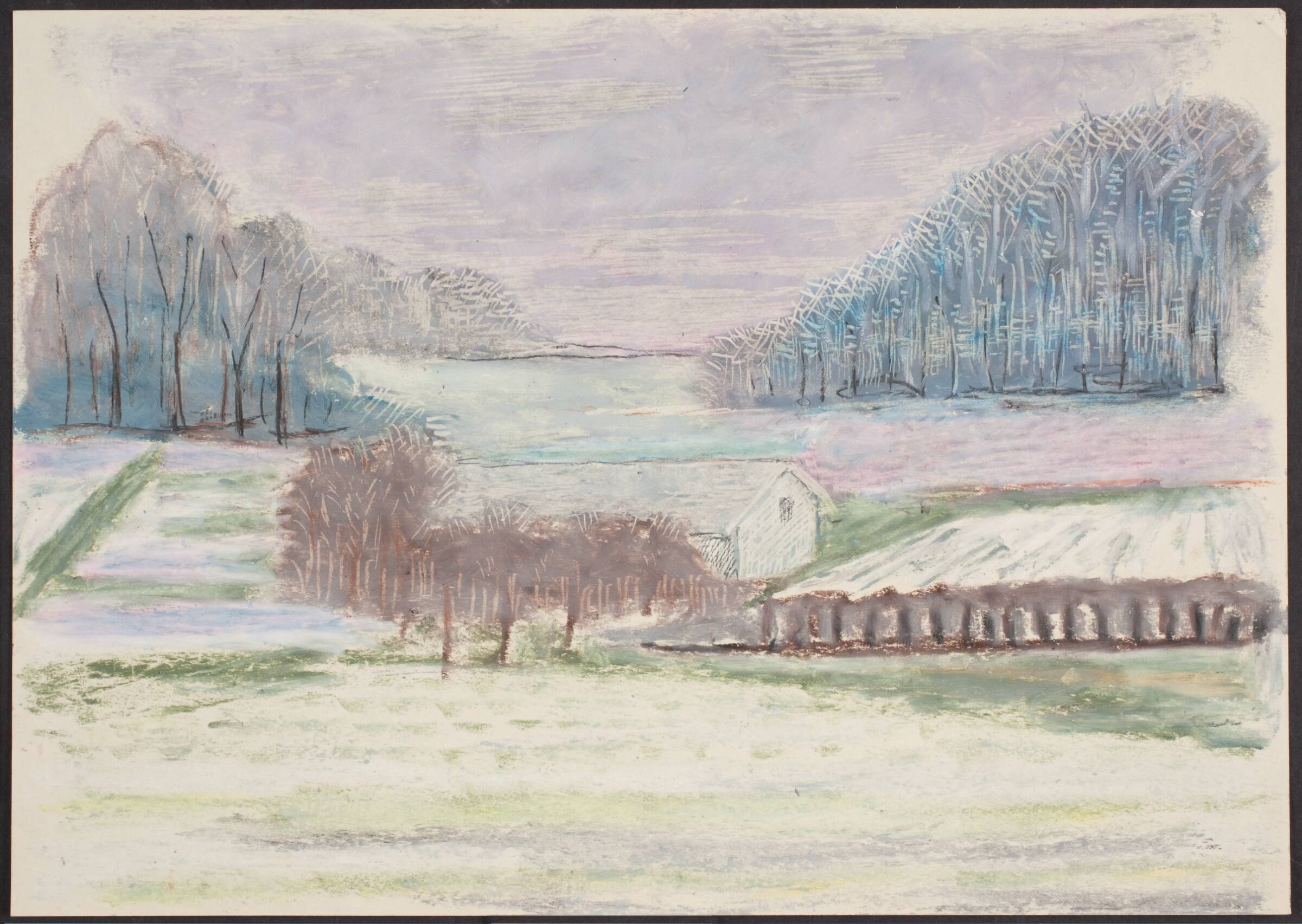 Landskab med et bondehus delvist skjult bag træer, Henrik Starcke, 1899-1973