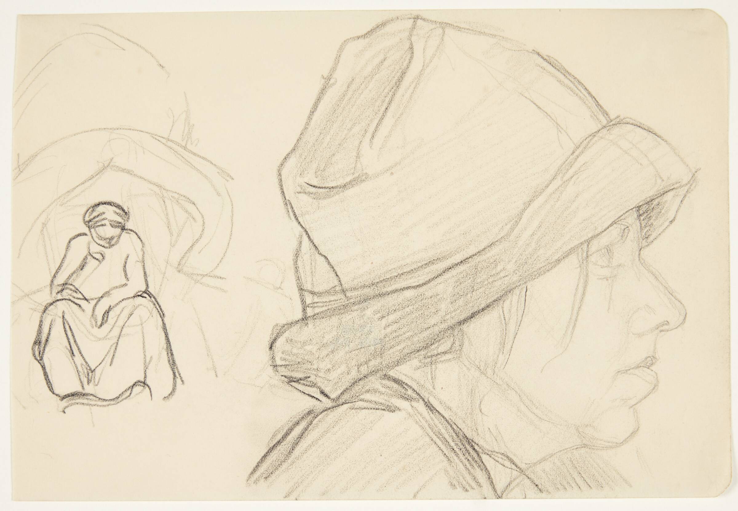 Kvindehoved med hat og skitse af siddende kvinde, Olivia Holm-Møller, 1890-1946