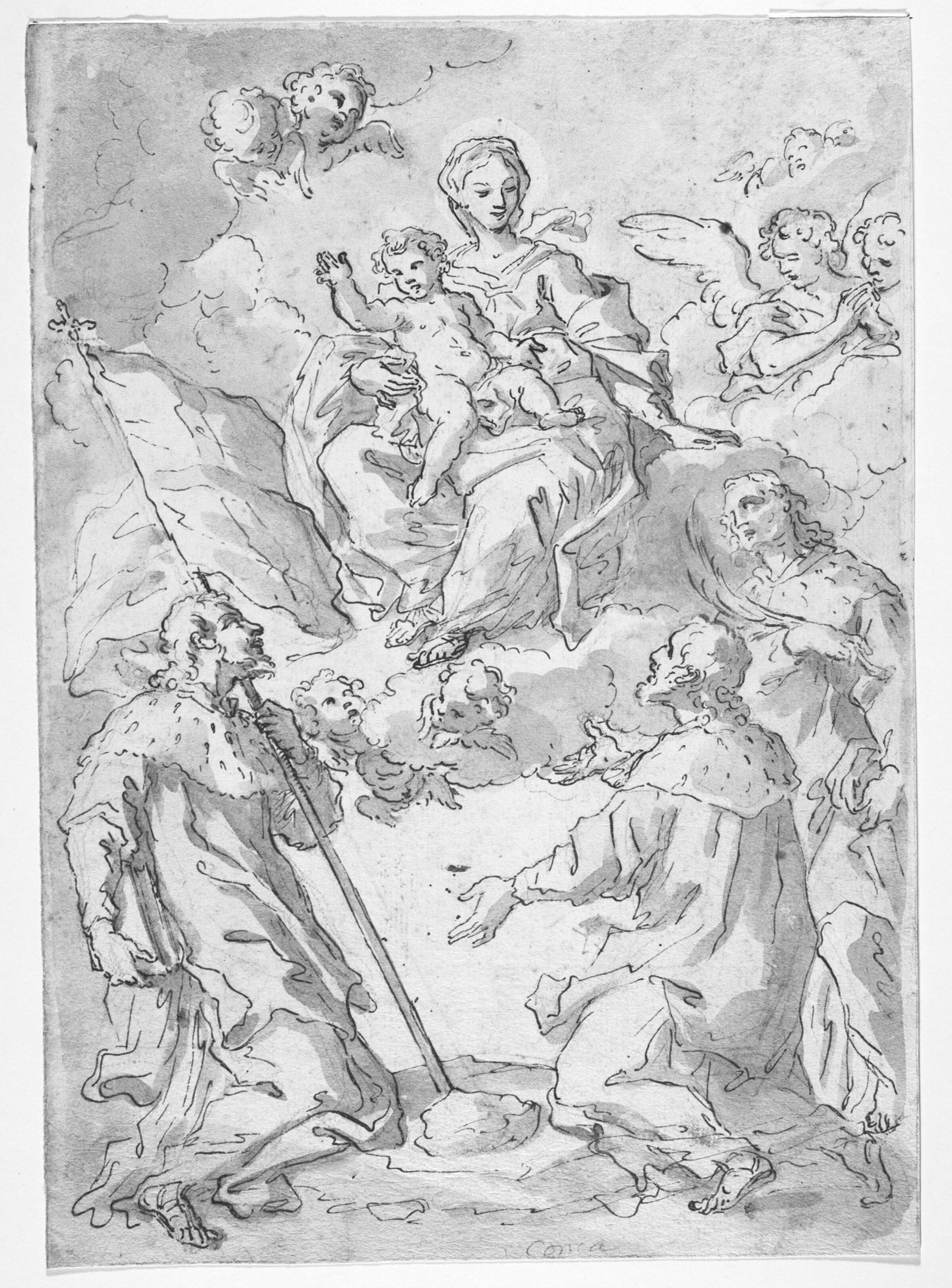 Tre mandlige helgener med Madonna med barn i skyerne omgivet af engle, Sebastiano Conca, 1680-1764