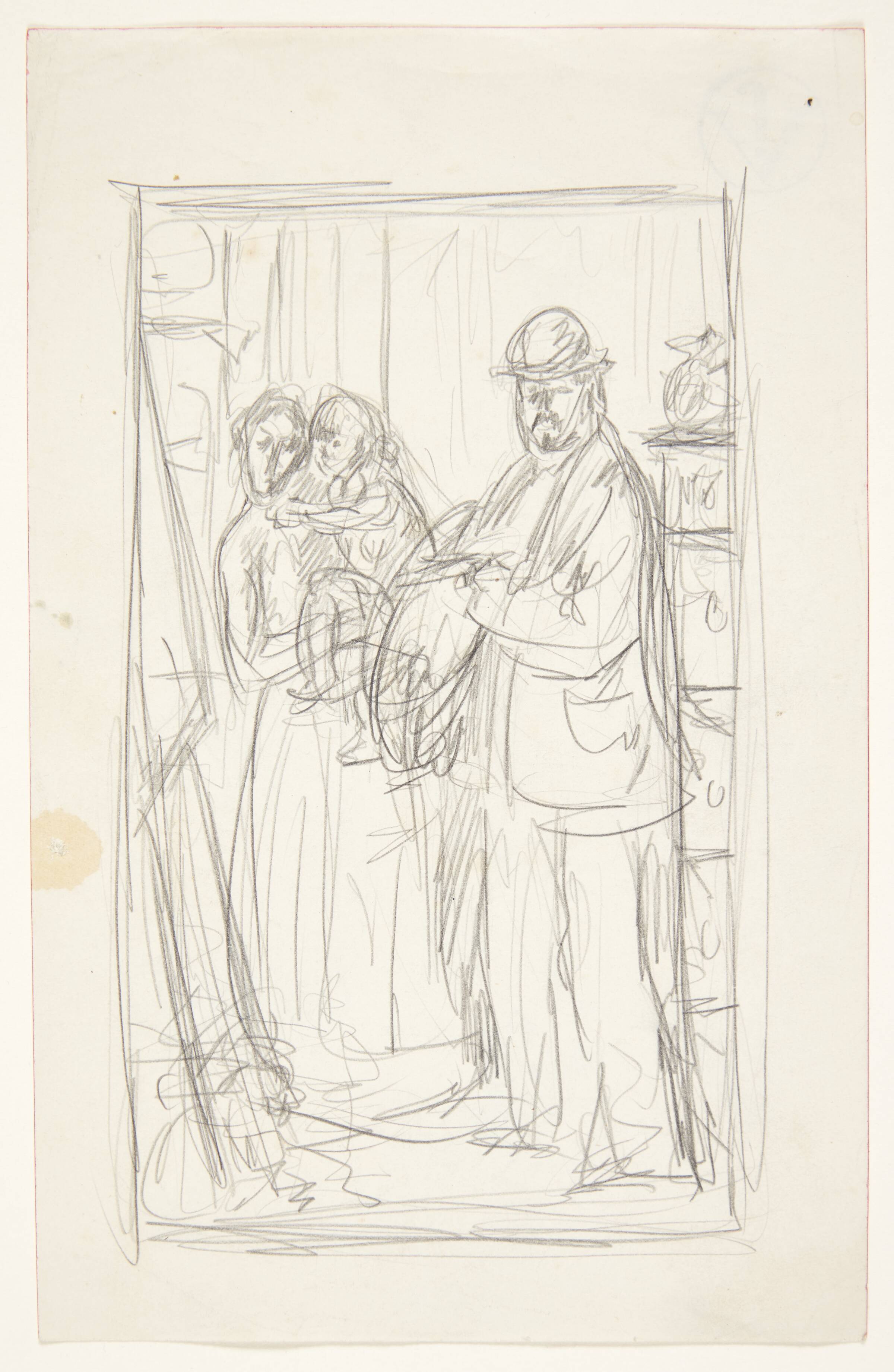 Kunstneren ved staffeliet; i baggrunden t.v. hans kone med datteren Rut på armen, Aksel Jørgensen, 1923-1927