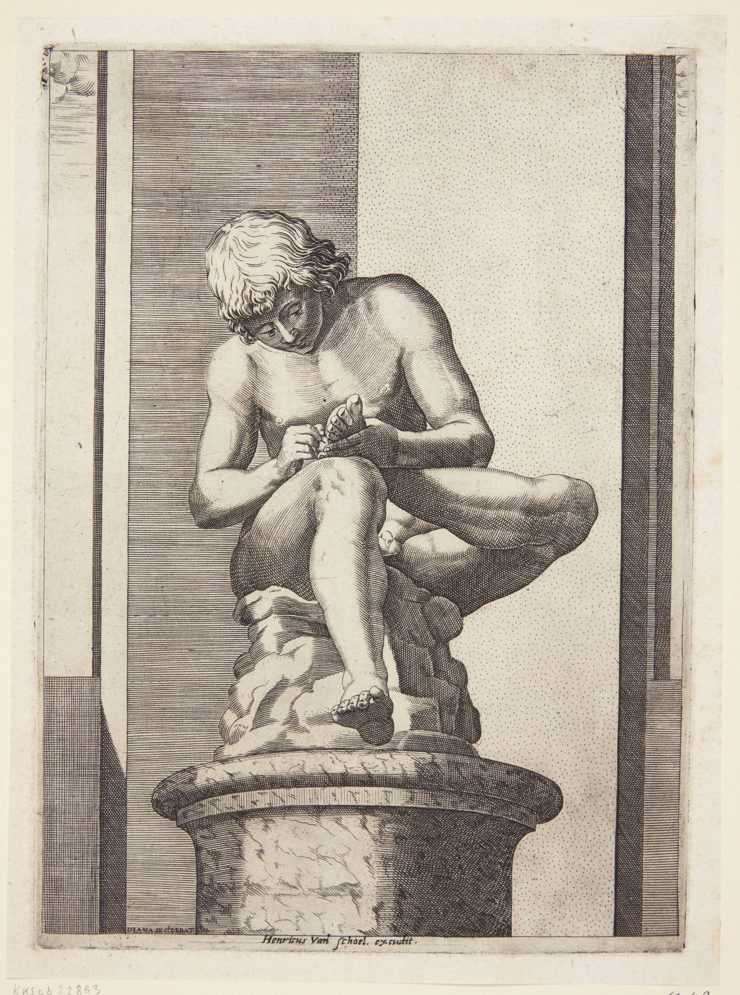 Dreng, der trækker en torn ud af sin fod (Spinario), Diana Scultori, 1580-1581
