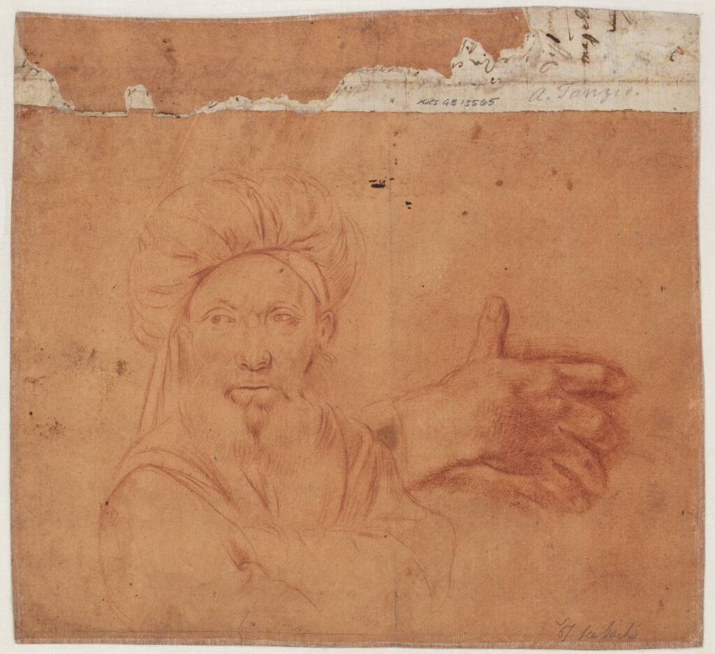 Brystbillede af en turbanklædt, skægget mand, en face, samt studie af en hånd, Tanzio da Varallo, 1575-1635