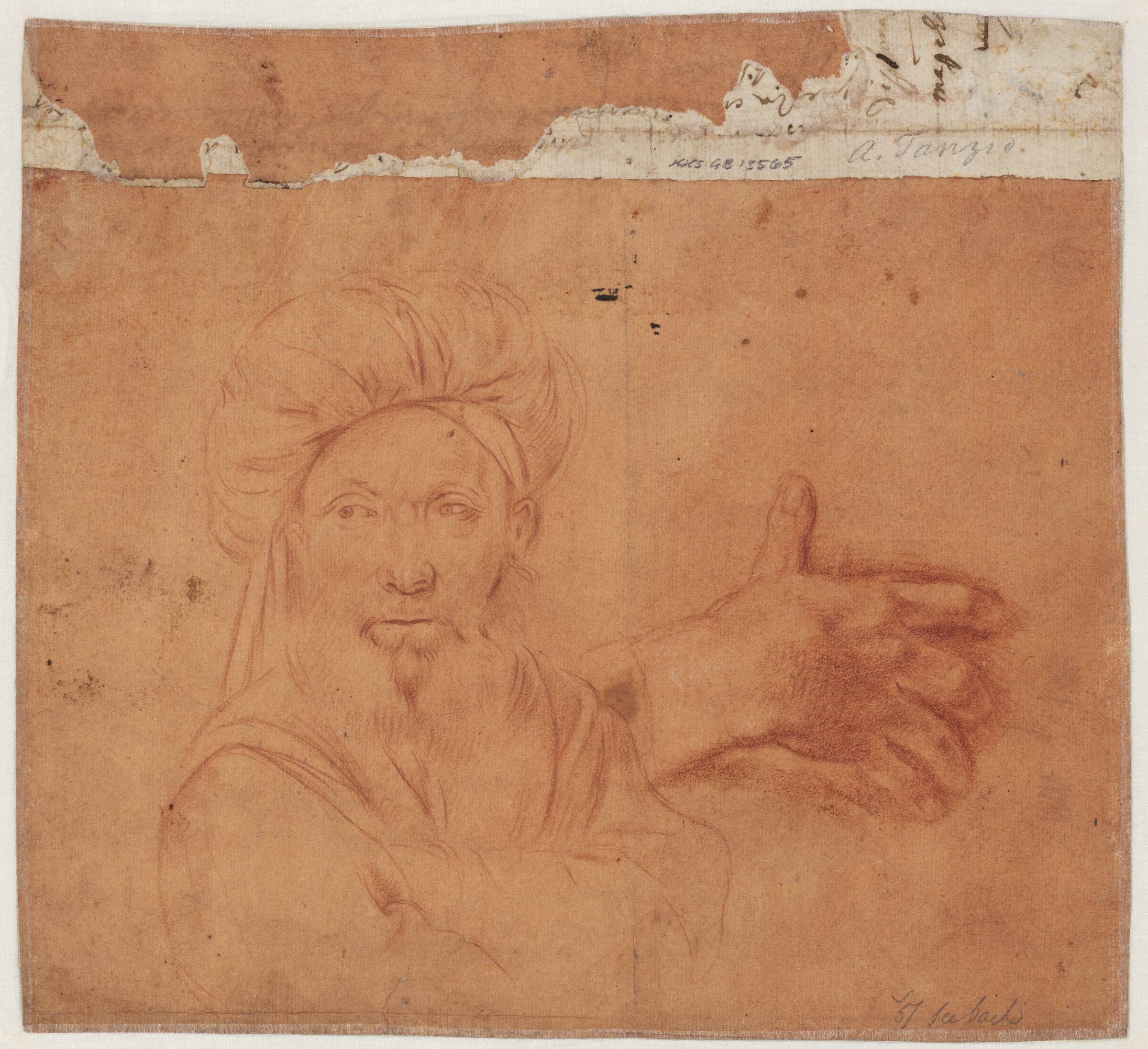 Brystbillede af en turbanklædt, skægget mand, en face, samt studie af en hånd, Tanzio da Varallo, 1575-1635