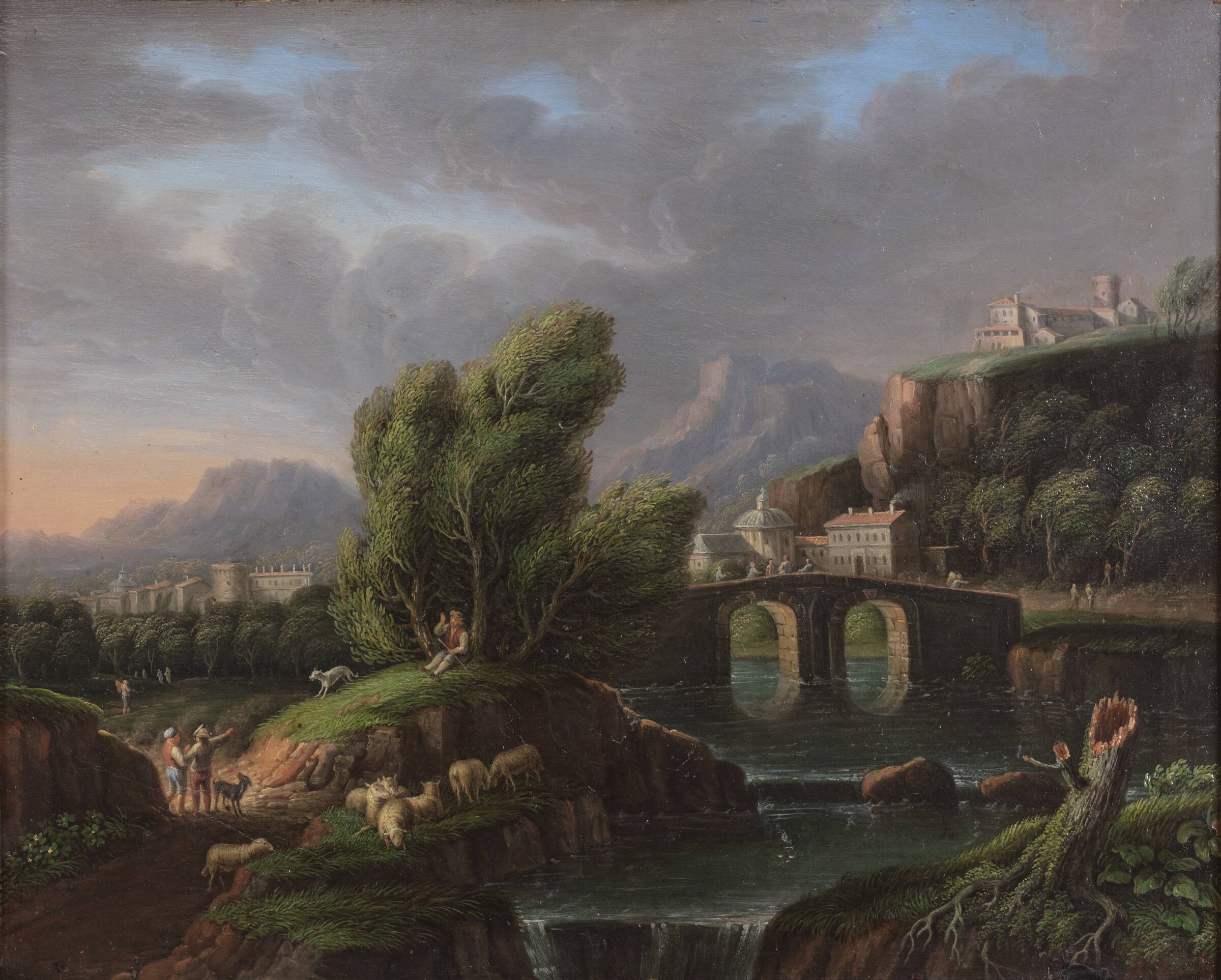Et landskab med et vandfald og en stenbro, Dismar Degen, 1741