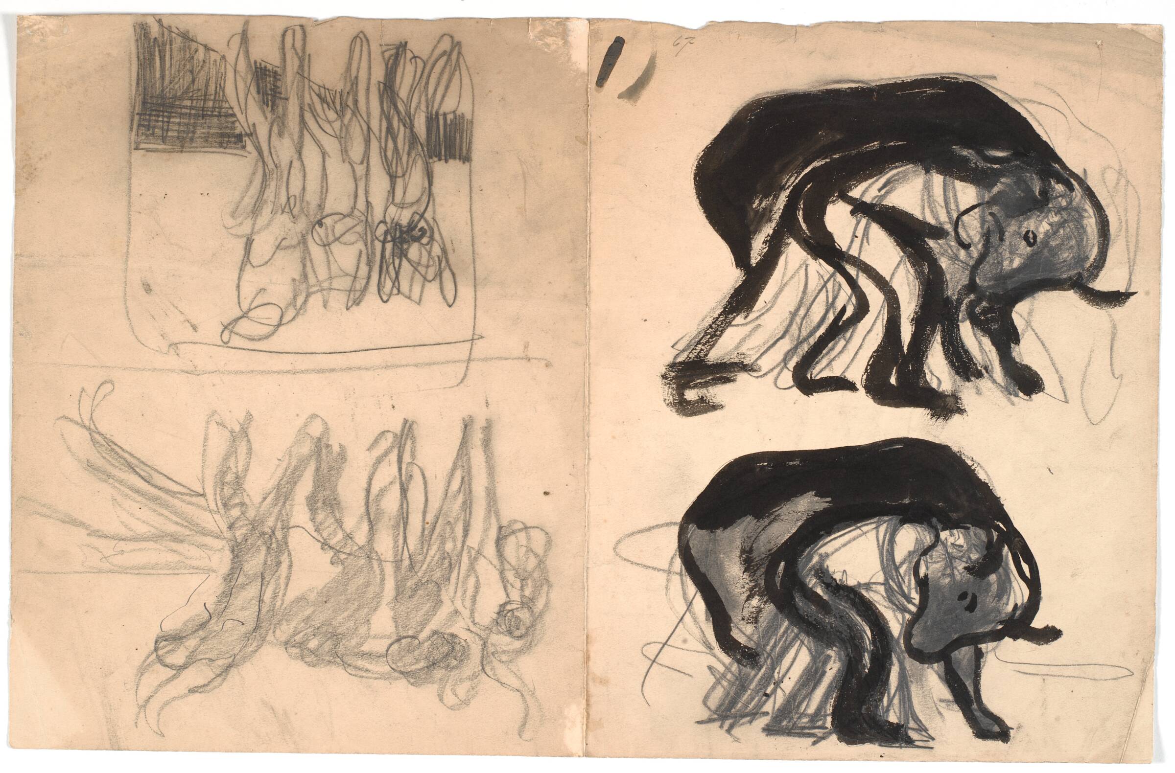 T.v: to kompositionsskitser med et sammenbøjet menneske under et bjørnelignende dyr. T.h.: to kompositionsskitser med flere figurer, Isakson, Karl, 1890-1899