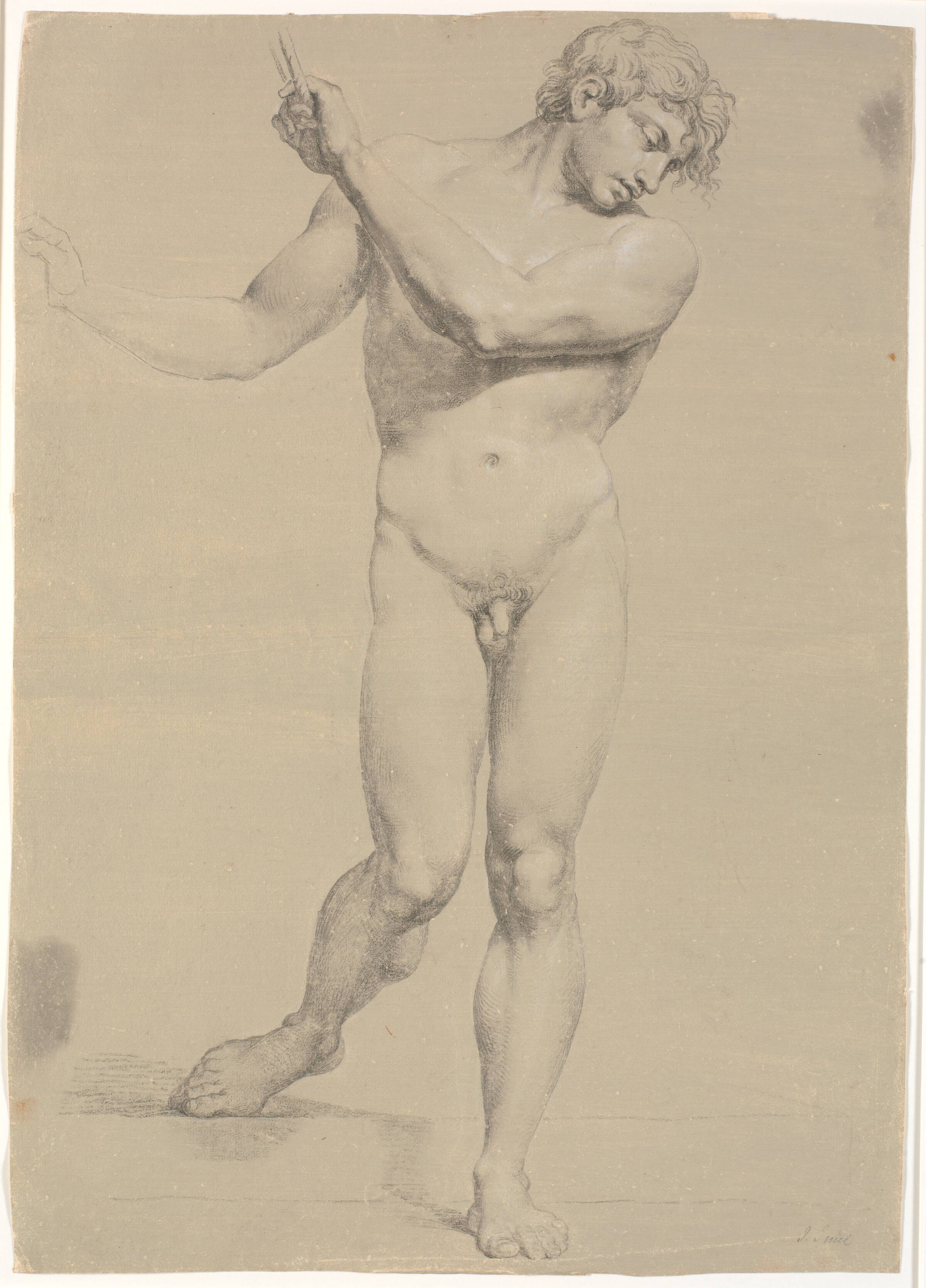 Model stående en face, med løftede arme, Jens Juel, 1745-1802