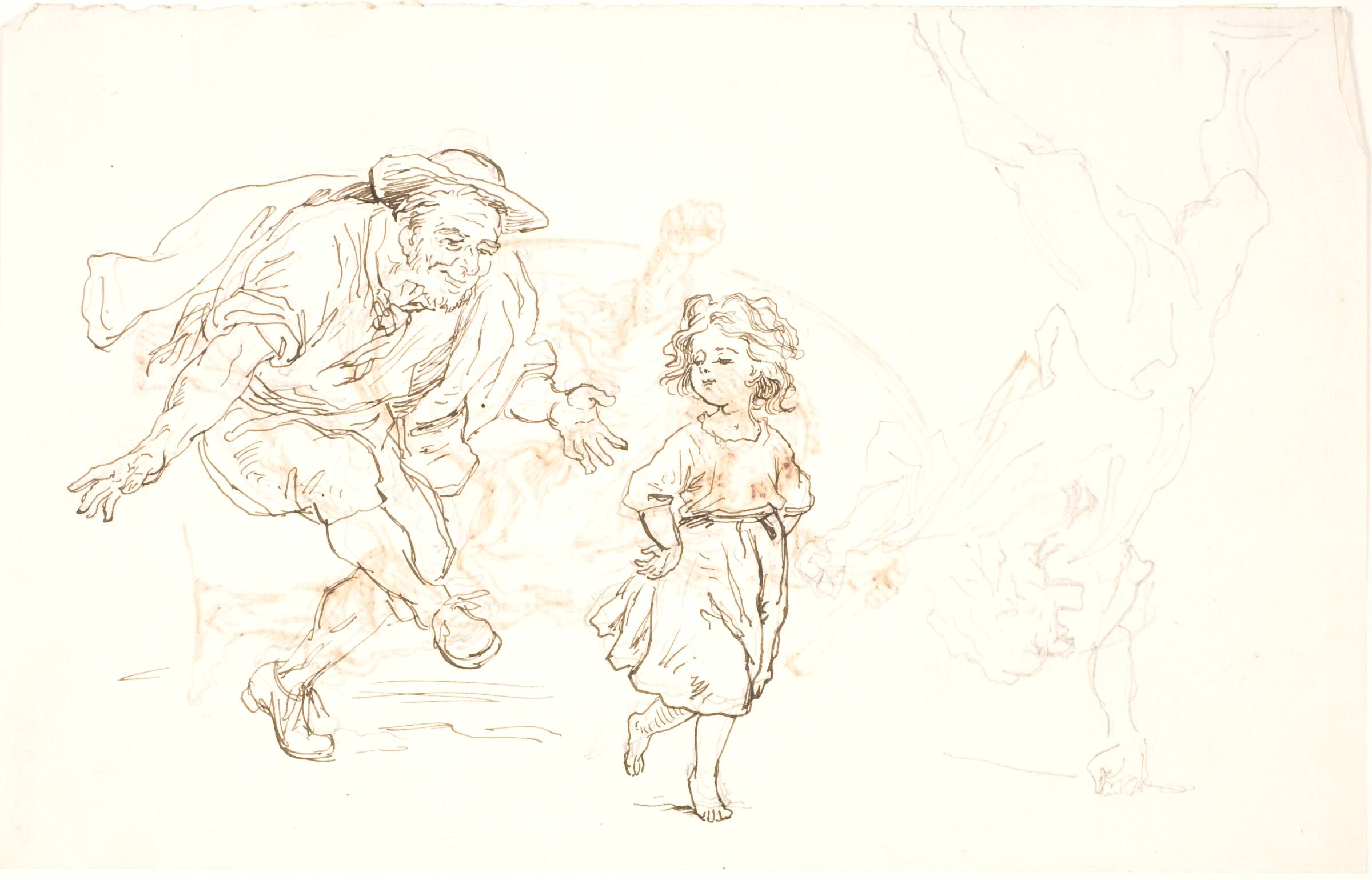 Ældre mand og lille pige der danser, Lorenz Frølich, 1820-1908