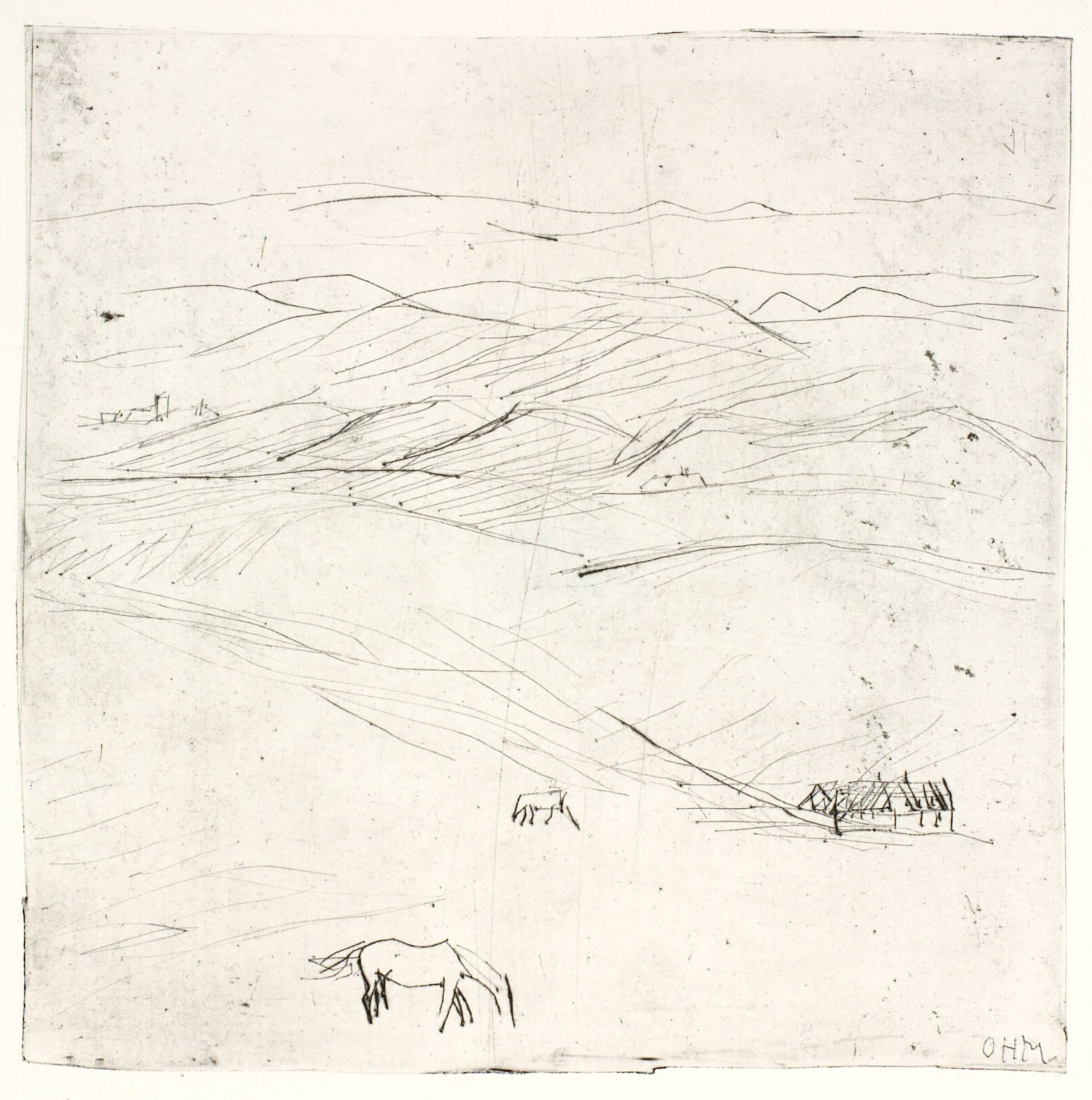 Bakket landskab med heste og en gård, Olivia Holm-Møller, 1875-1970