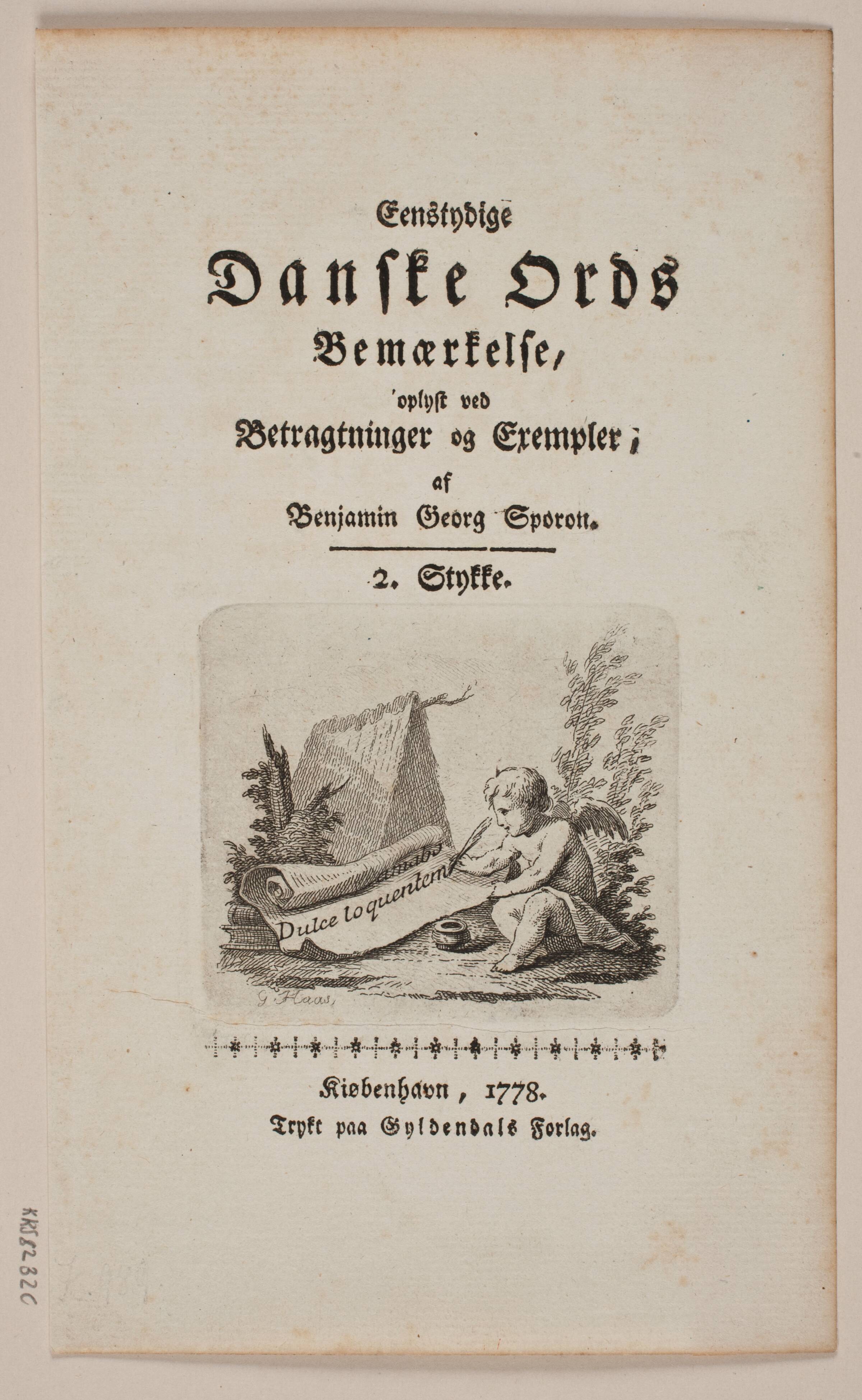 Titelblad til B. G. Sporon "Entydige Danske Ords Bemærkelse", Georg Haas, 1778
