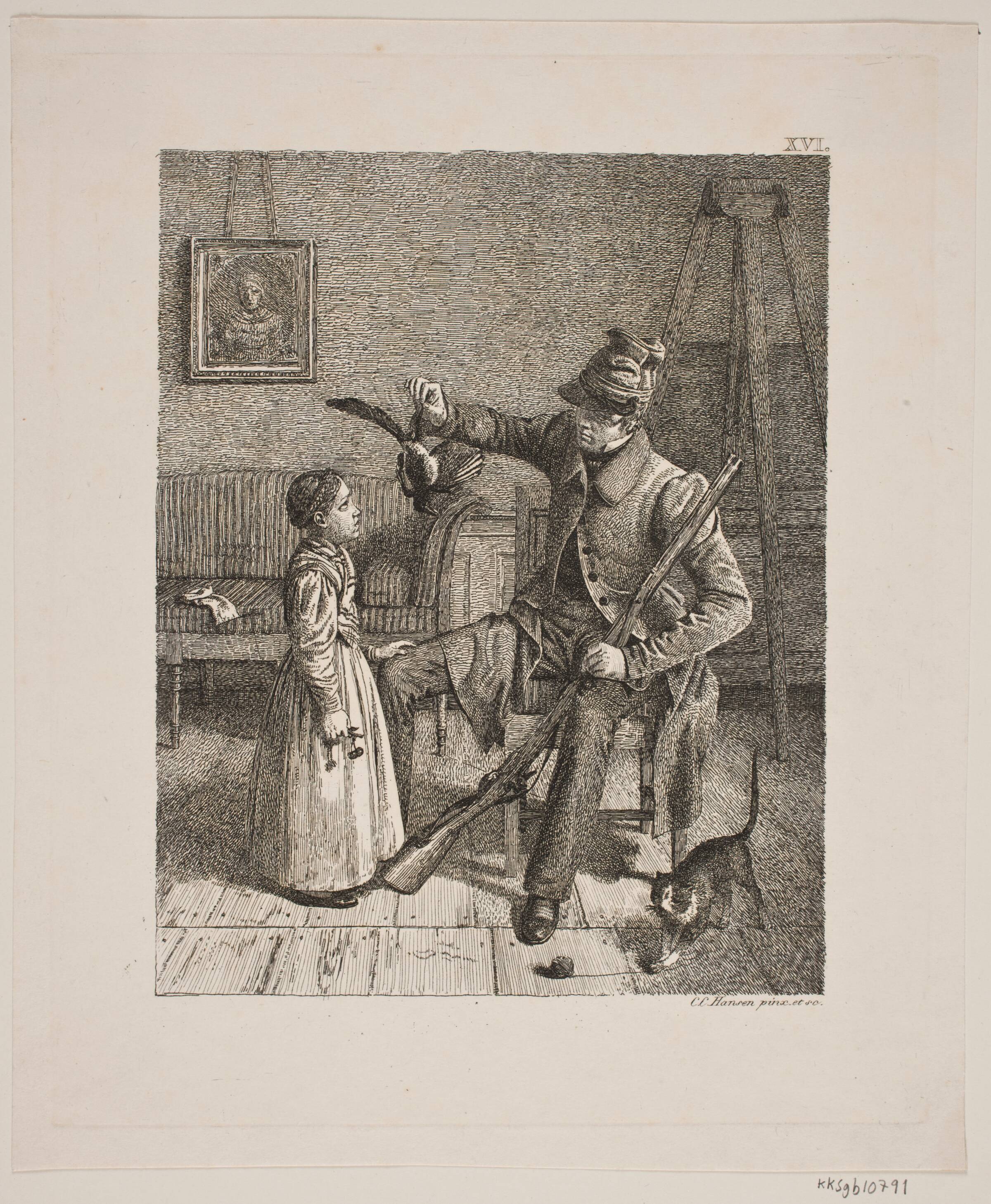 En jæger som viser en lille pige sit bytte, Constantin Hansen, 1832