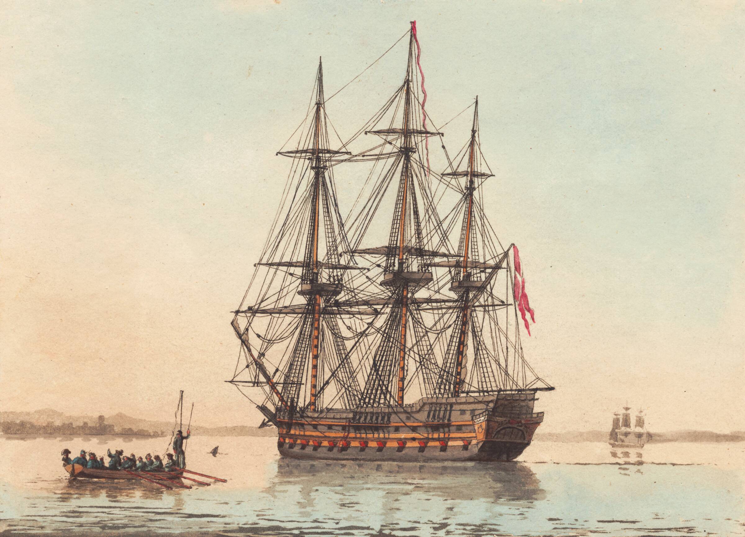 Et dansk orlog skib til ankers i en stille morgenstund, Niels Truslew, 1805