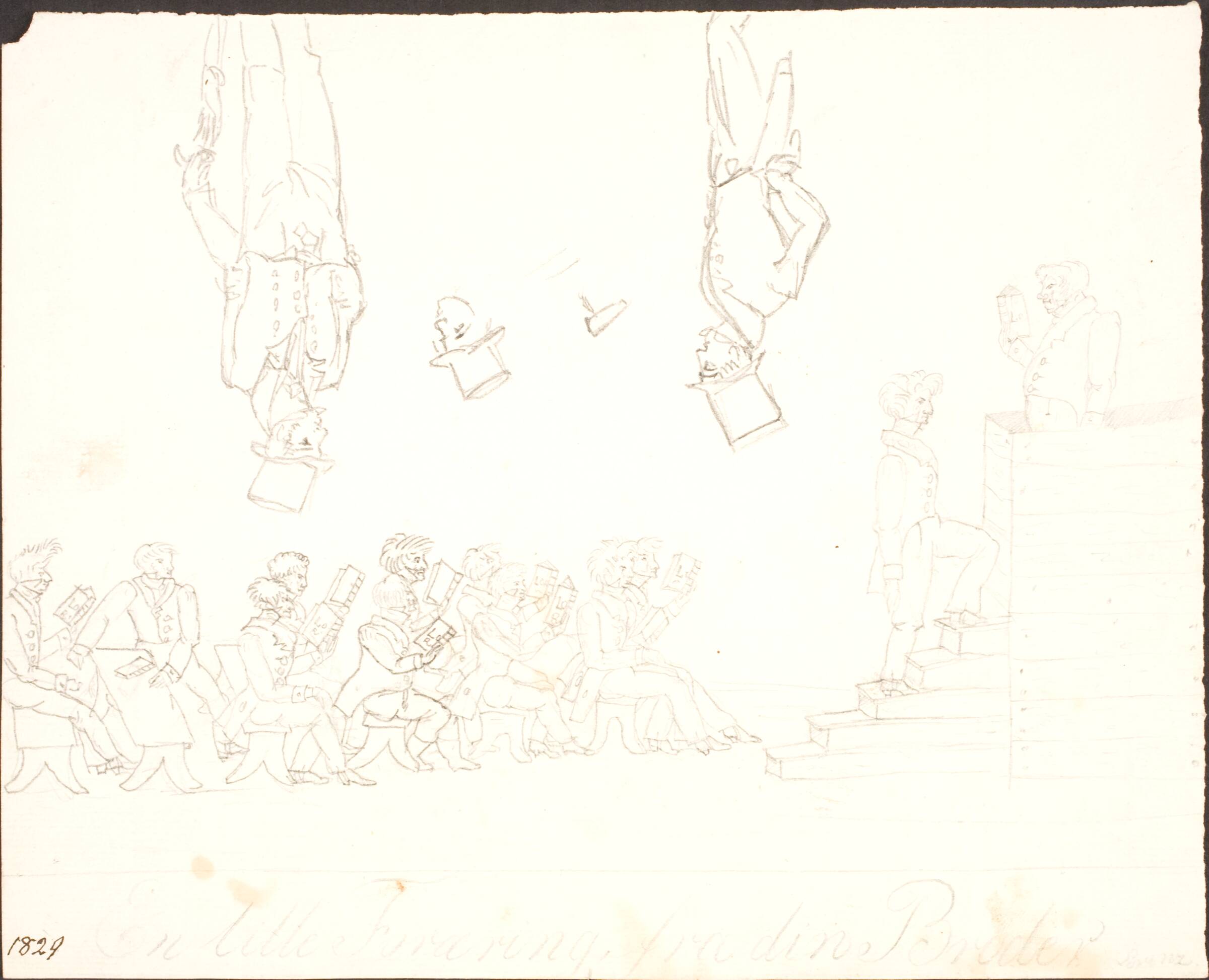 Skoleklasse med læsende elever samt studier af mand iført høj hat, Lorenz Frølich, 1829