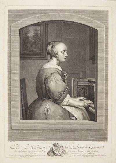 Hollandsk kvinde ved et cembalo, set gennem et vindue