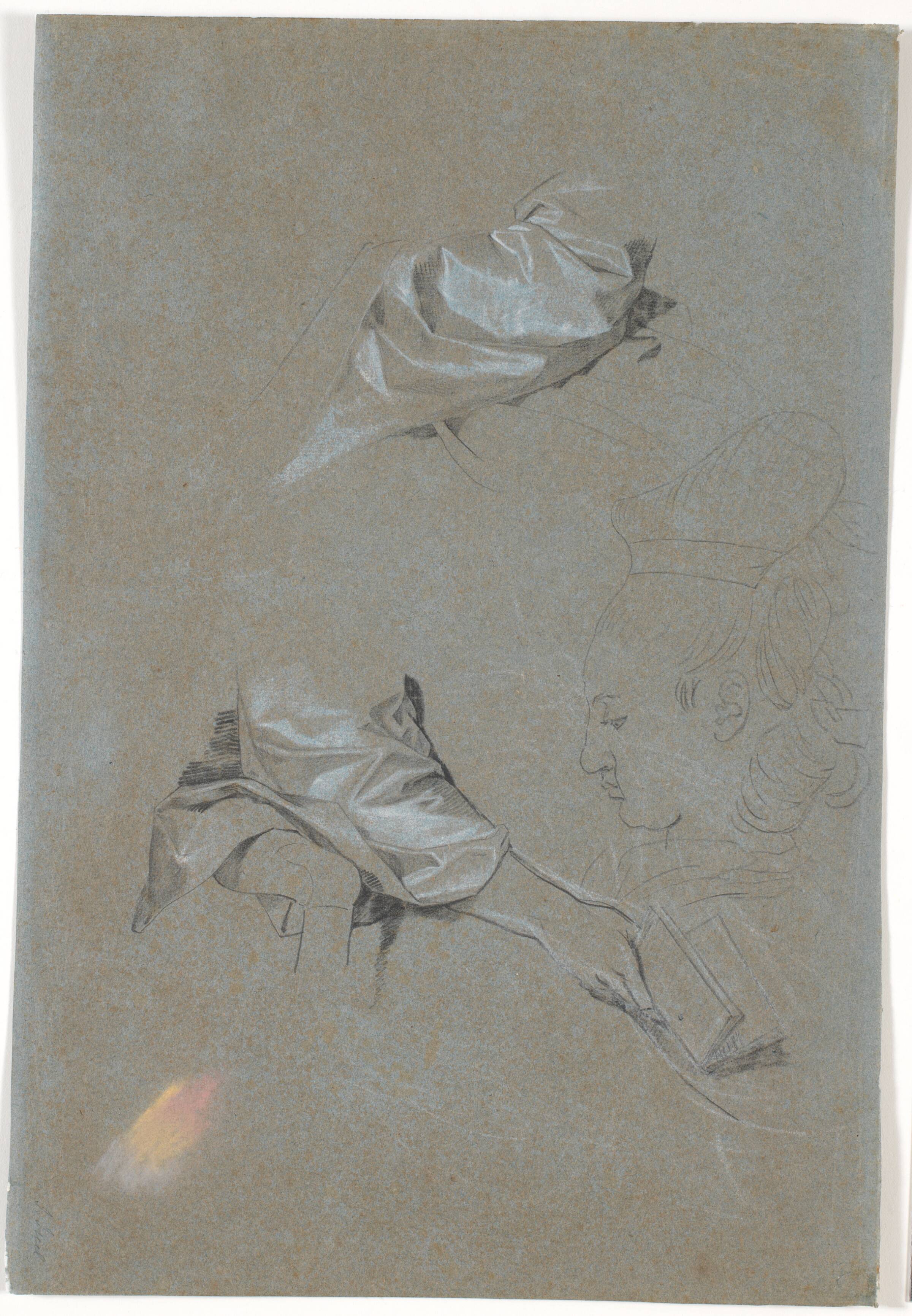 Studie af silkeærmer, en højre hånd med en bog og en profil, Jens Juel, 1777-1779