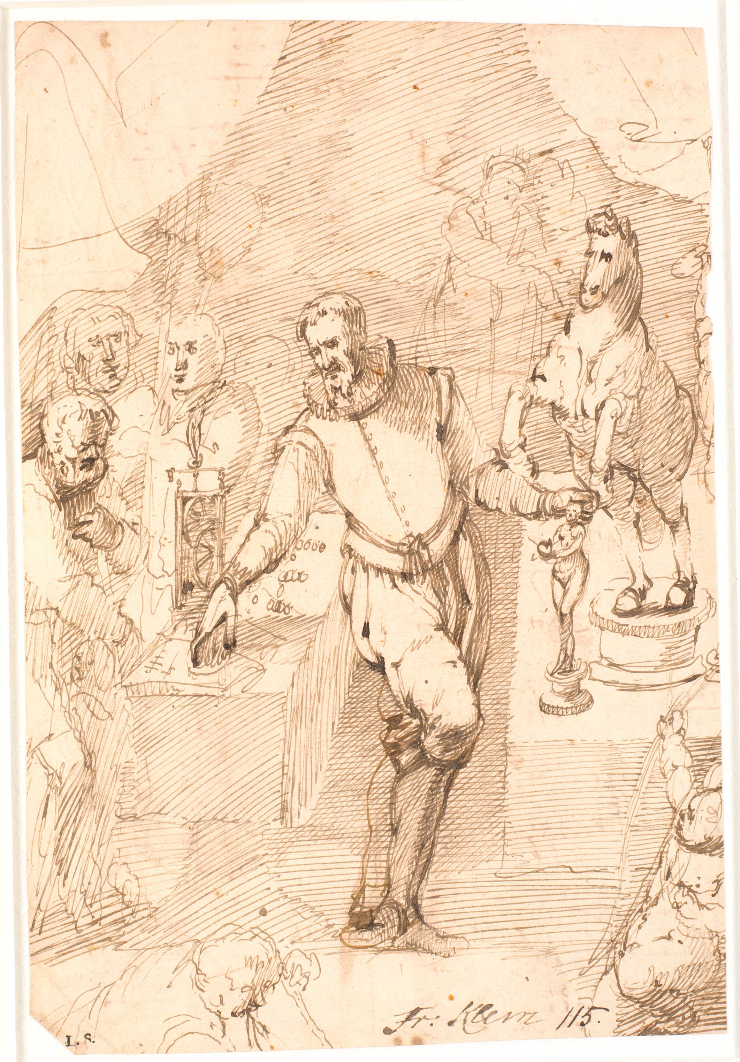 Stående mand i 16.årh.s dragt, i rum, mellem to borde med skulpturer og et ur, mønter etc. samt syv-otte andre mennesker, Frantz Clein, 1582-1658