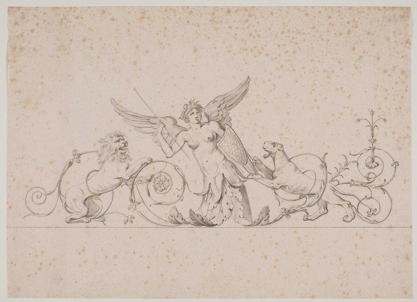 Vinget kvinde omgivet af en løve og en hund. Dekorationsudkast?, by Jacques François Joseph Saly, 1717-1776