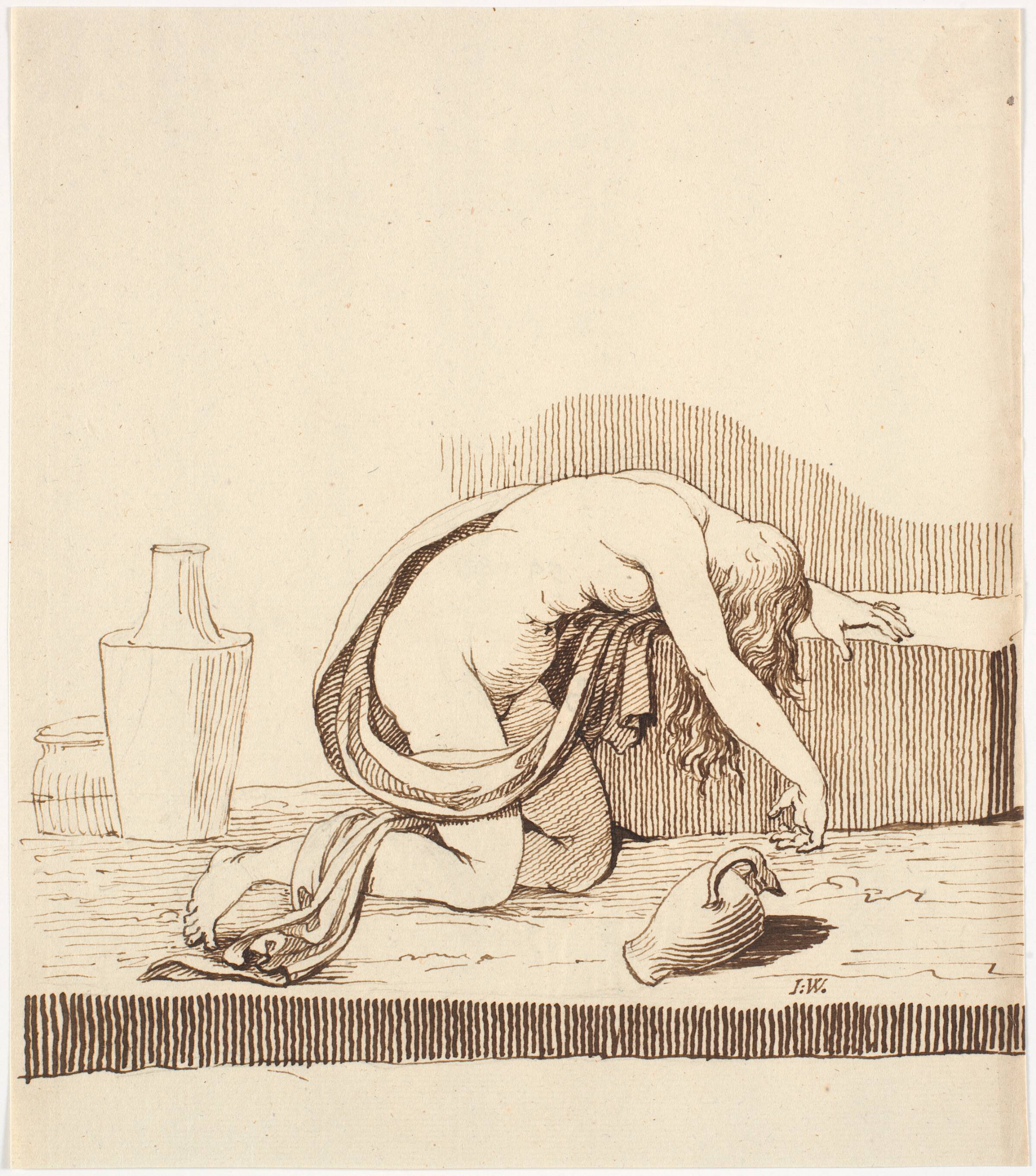 Nøgen foroverbøjet kvinde (beruset) med tømt vinkande, Johannes Wiedewelt, 1731-1803