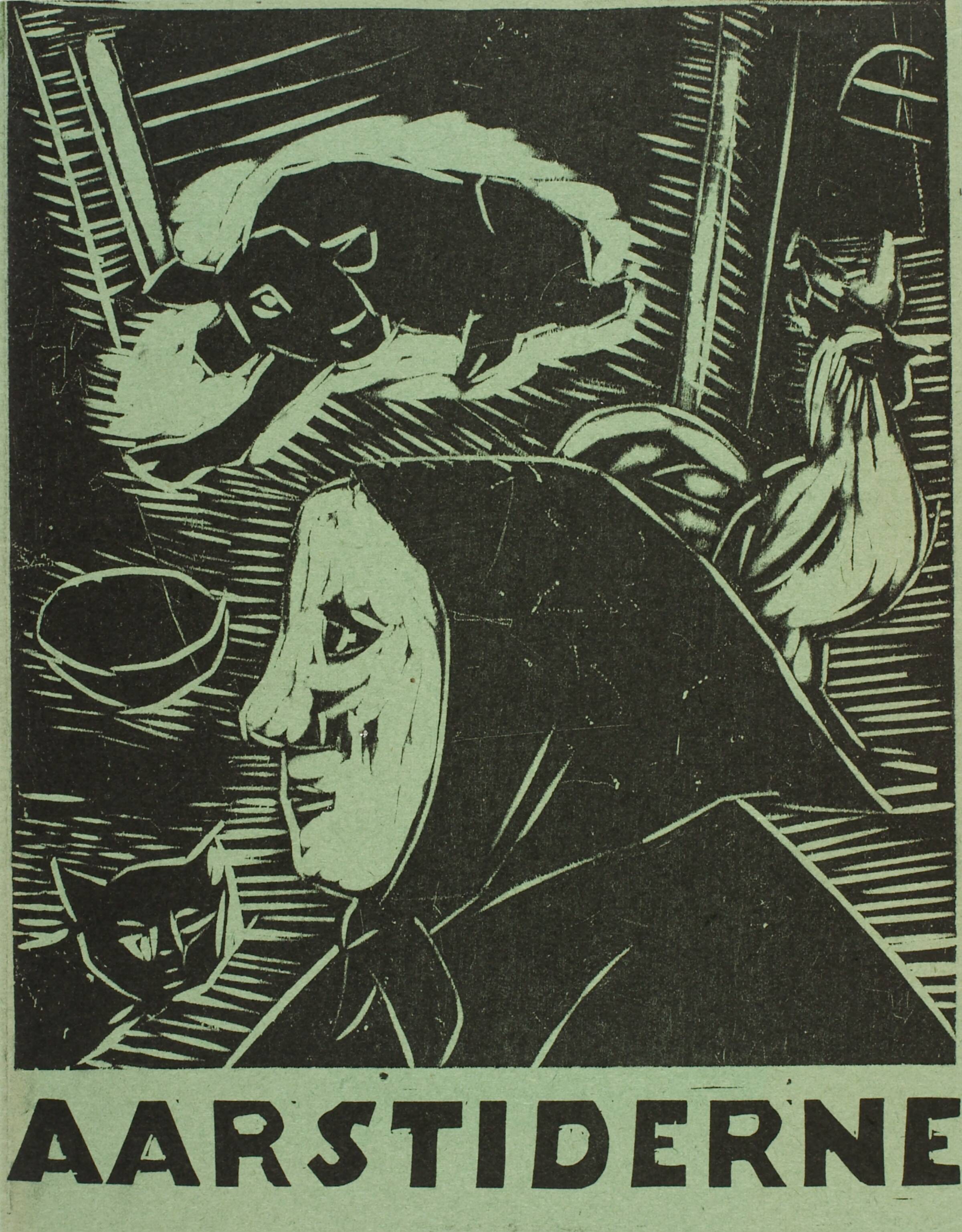 Hoved af en bondekone, mellem en kat, en kalv og en hane, Harald Leth, 1944