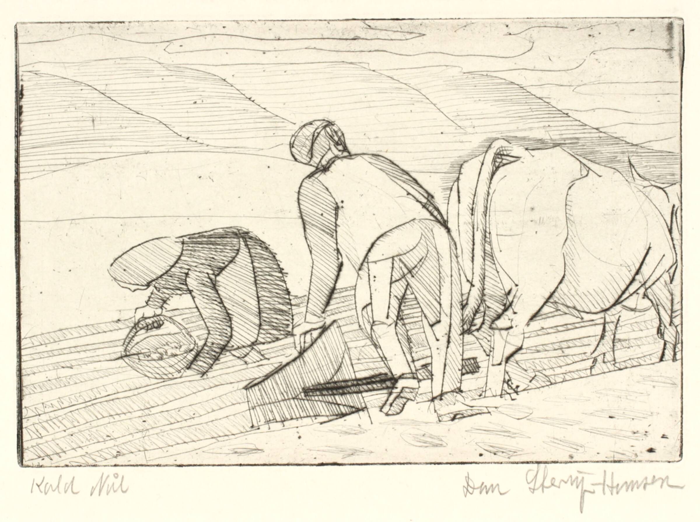 Okse med vendeplov, mand og kone, Pyrenæerne, Dan Sterup-Hansen, 1950