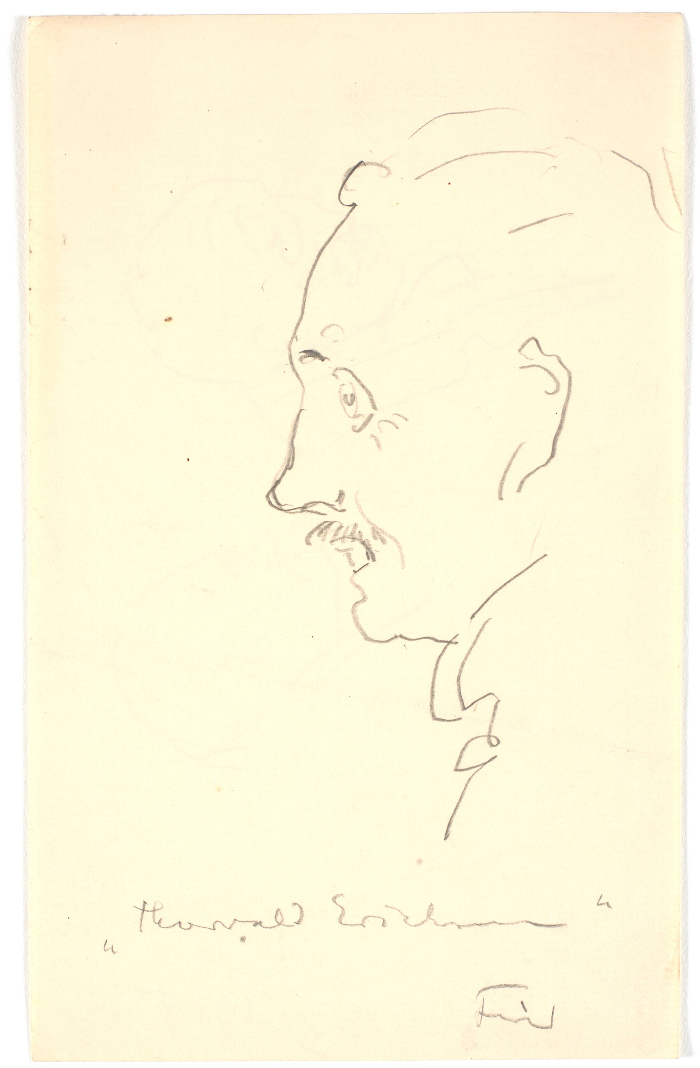Karikatur af maleren Thorvald Erichsen, set i profil t.v., Ludvig Find, 1905
