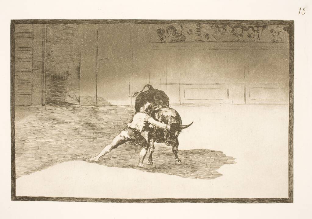 Den berømte Martincho placerer banderillaerne, narrer tyren med sin krops bevægelser, Francisco de Goya, 1815-1816